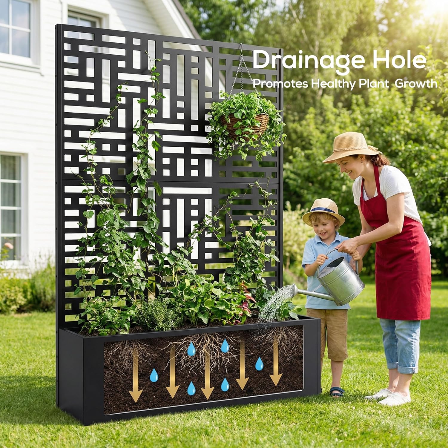 Metal Planter Box with Trellis Privacy Screen,46.65" L×12.01" W×70.87" H Raised Garden Bed with Trellis,Drainage Holes Privacy Screen Planter Box for Climbing Plants and Vegetable (Maze)