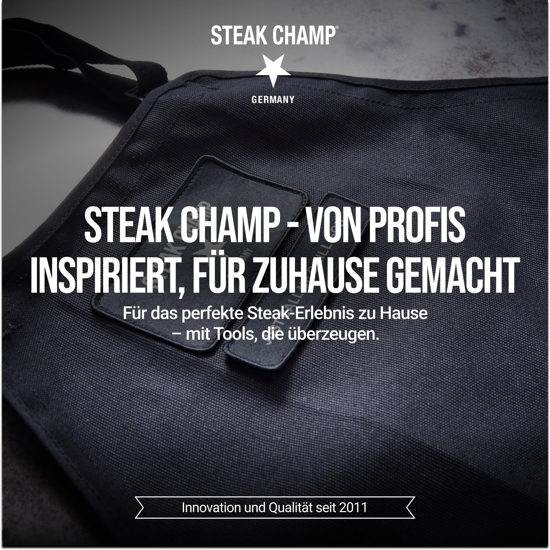 Steakchamp Grill & Bar Schürze: Robuste Koch- & Grillschürze, verstellbar, mit schmutz- und wasserabweisender Beschichtung, Aufnäher personalisierbar