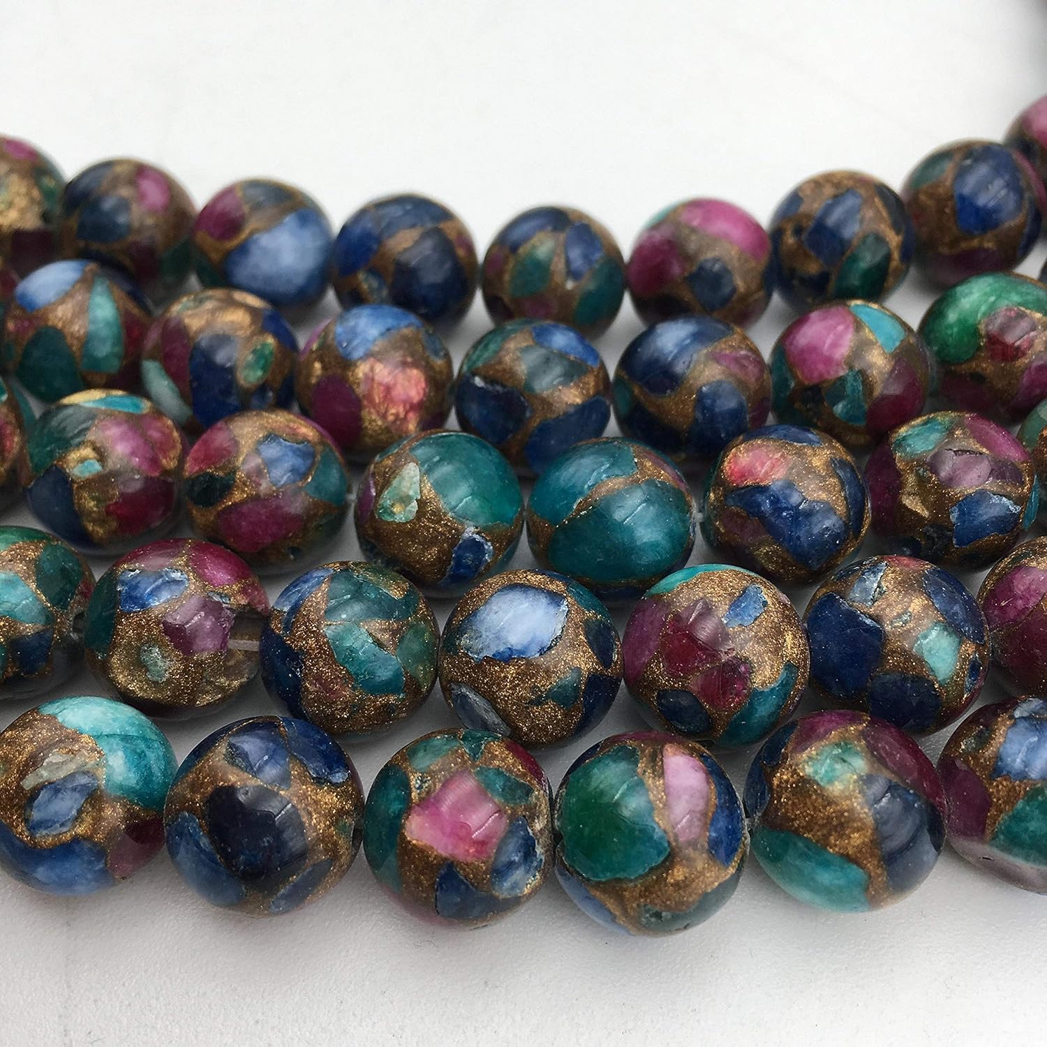 JM Design Multi-Color Mosaic Quartz Smooth Polished Round Loose Gemstone Beads 12mm 15.5" Strand for Jewelry Making, Arts and Craft