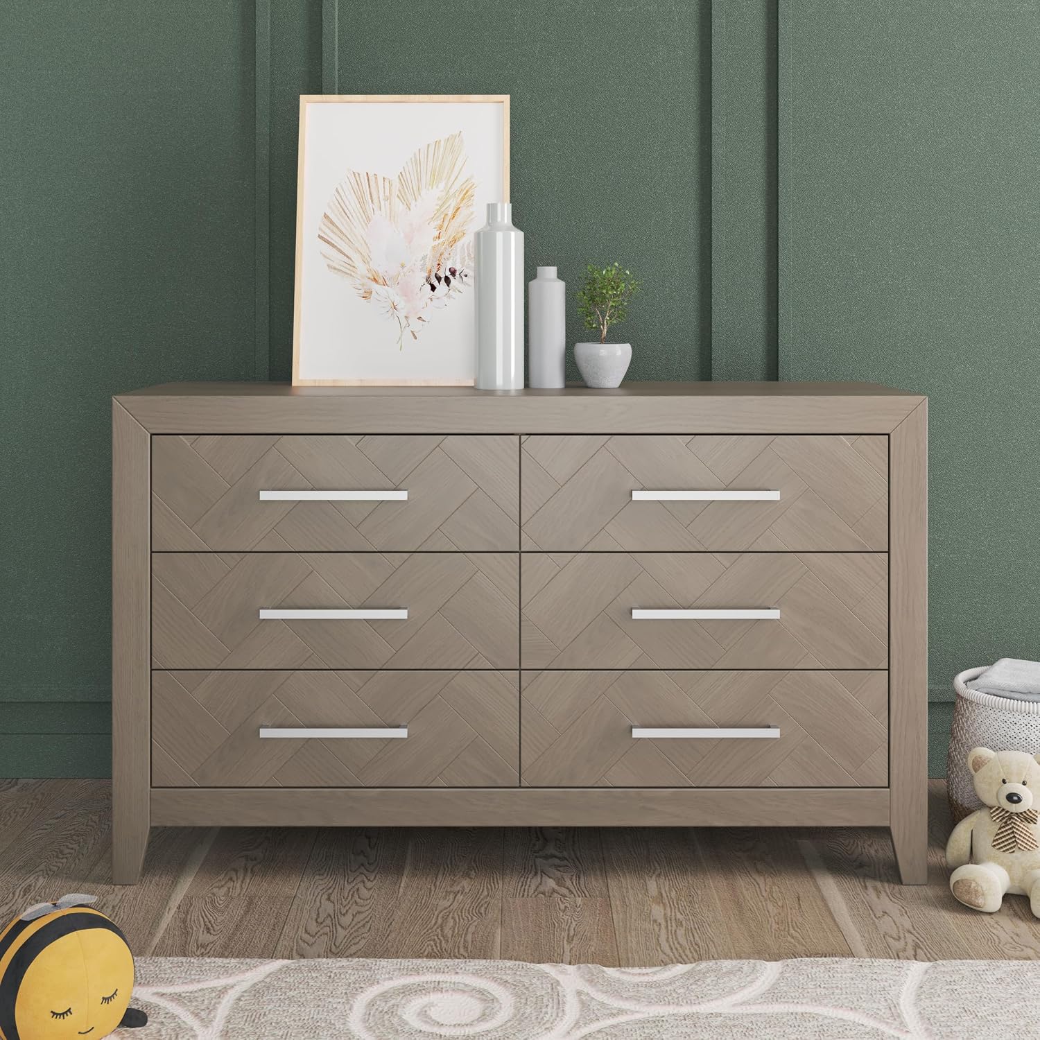 Child Craft Kieran 6-Drawer Double Dresser, 55" W Transitional Modern Nursery Dresser with Herringbone Fronts, Metal Pulls, Crescent Gray