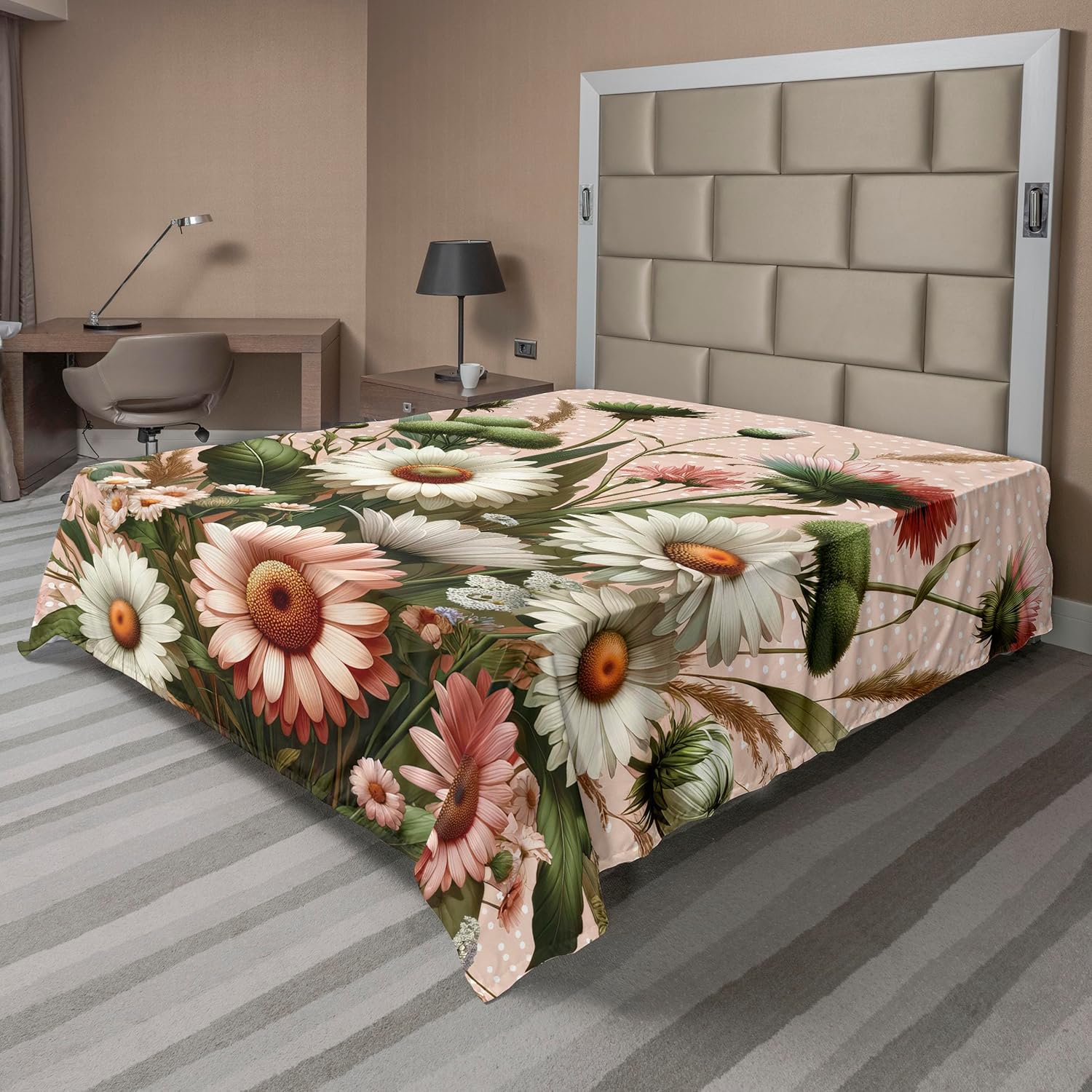 Ambesonne Floral Eucalyptus Flat Sheet, Blushing Spring Flower Blooms on Minimal Polka Dot Backdrop, Soft Comfortable Top Sheet Decorative Bedding 1 Piece, Queen Size, Blush Forest Green Pink