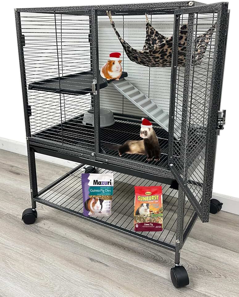 Gaiola Deluxe de duas camadas para animais pequenos, à prova de mastigação, espaçamento de barra de 1/2 polegada para furões agressivos, chinchila, ratos, esquilo, coelho, planador de açúcar, bandeja