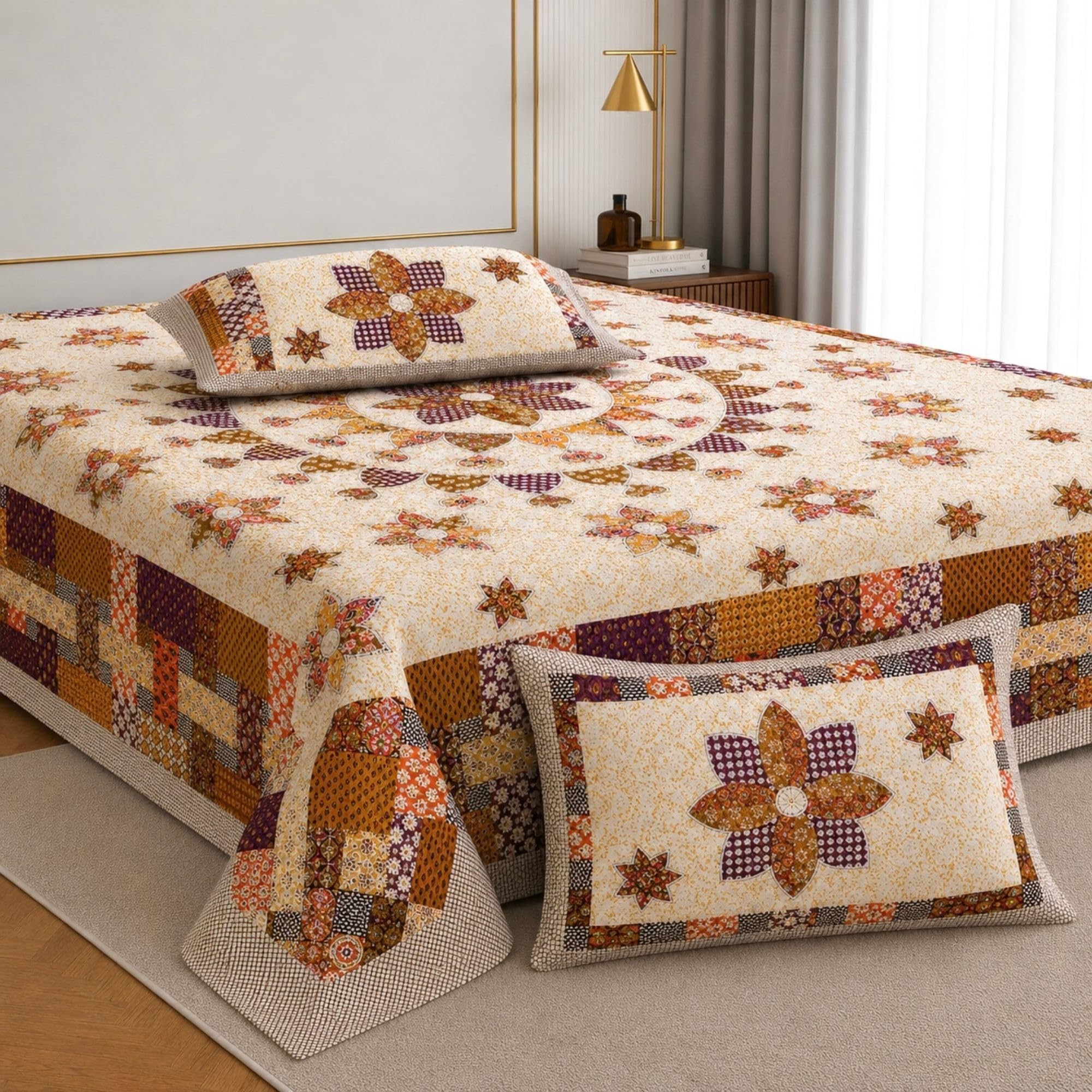 Jaipur Weaves Jaipuri Double Bed Cotton Bedsheet Queen Size 90x100, 144 TC 100% Pure Cotton Bed Sheet with 2 Pillow Covers, Royal Mandala Traditional Print (Mandala Orange)