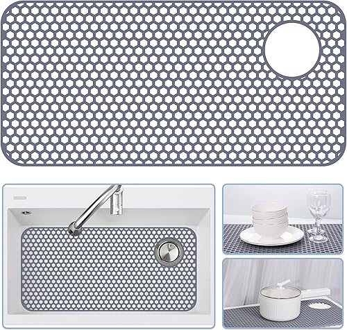 Miniatura 19 de Paquete de 2 tapetes de silicona para fregadero de 13.58 x 11.6 pulgadas, protectores para fregadero de cocina con drenaje central, rejilla Gris