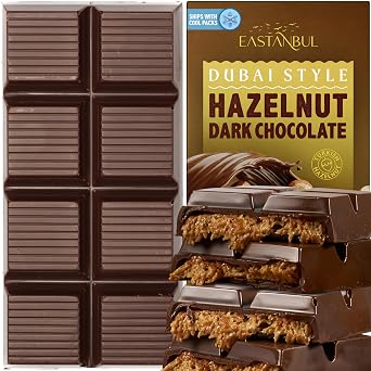 Eastanbul Dubai Dark Chocolate Bar Hazelnut, 7oz, Premium Belgium Dark Hazelnut Dubai Chocolate Bar, Viral Candy with Shredded Phyllo Dough, Knafeh, Kataifi, Gift Box