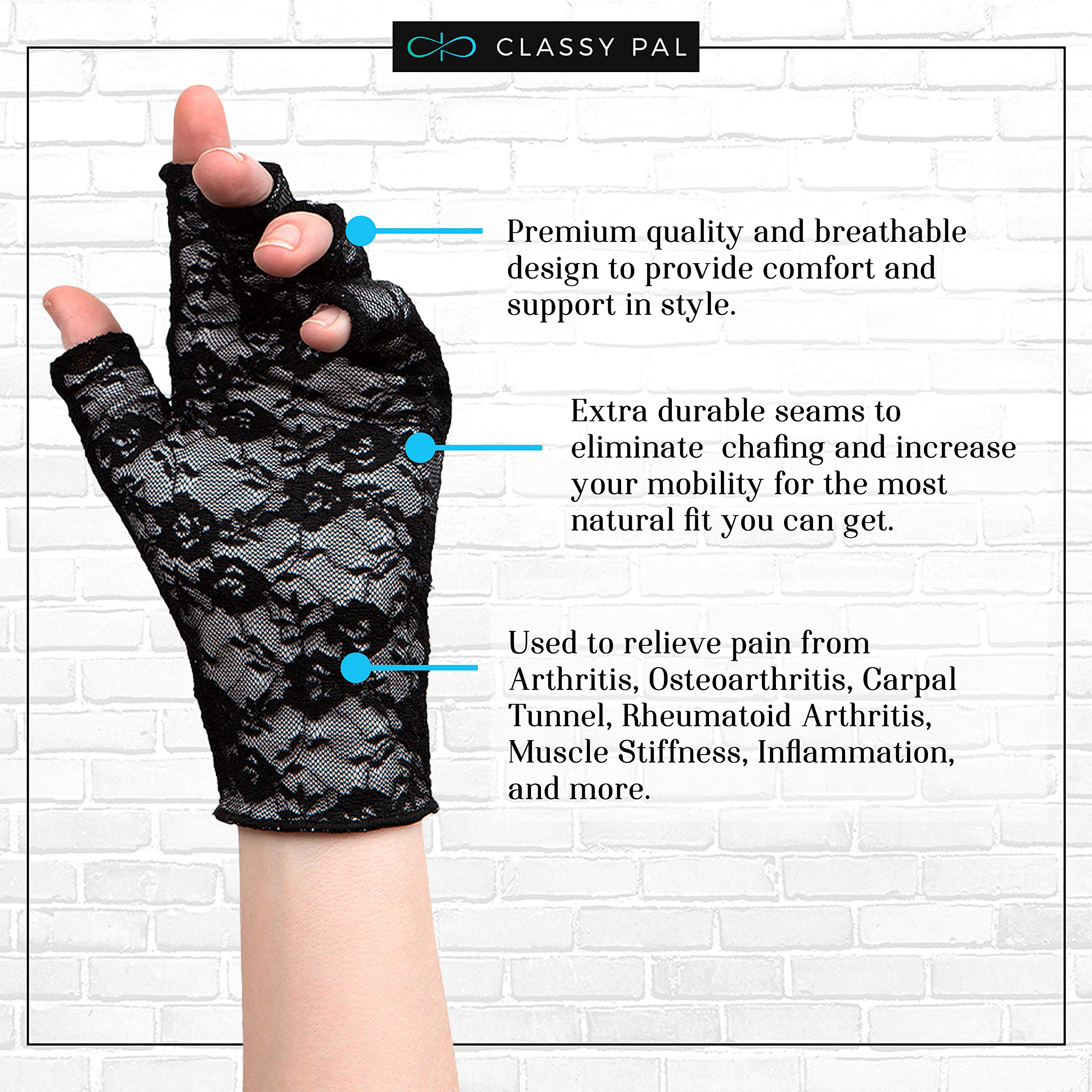 Classy Pal Compression Gloves for Arthritis, Women & Men, Typing Gloves for Neuropathy, Hand Pain Relief from Rheumatoid, Raynauds, Carpal Tunnel & Lymphedema, Fingerless, Cotton (Lace, Medium)