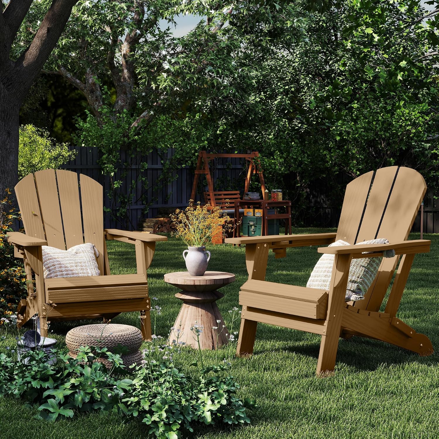 Foldable Adirondack Chair with Cup Holder-Heavy Duty Recycled HDPE Outdoor Patio Furniture, Weather Resistant Deck Lawn Fire Pit Chair (Brown, 2 Chair)