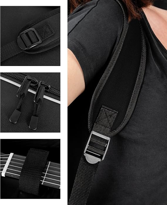 ROCKTILE Deluxe 4/4 Classical Guitar Bag Padded with Backpack Set Gig Bag for Classical Guitar Black