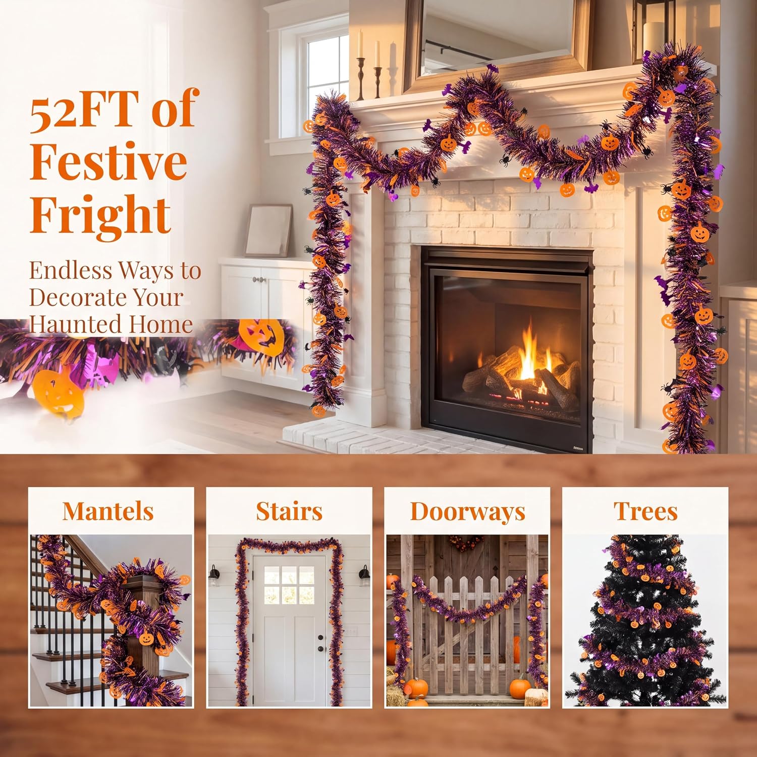 Halloween Garland, 52.5Ft Orange Purple Black Pumpkin Bat Spider Hanging Tinsel Streamers, Flexible Metallic Halloween Decorations for Front Door, Mantel, Window, Party Indoor Outdoor Decor