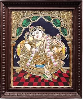 Exotic India 19" x 23" Lord Krishna With Rukmini And Satyabhama Tanjore Painting | Traditional Colors With 24K Go