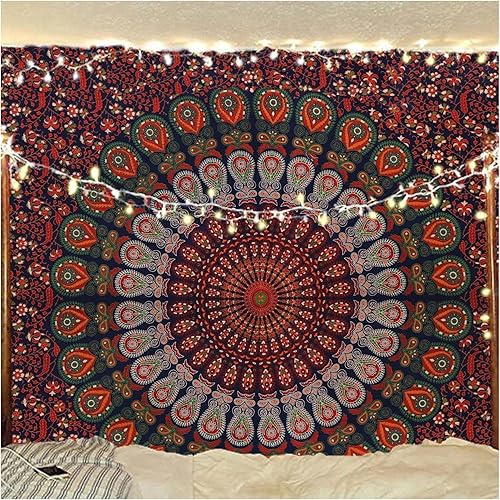 Miniatura 87 de Tapiz hippie indio bohemio psicodélico dorado mandala de pavo real azul dorado para colgar en la pared (naranja marrón, King (88 x 104 pulgadas)