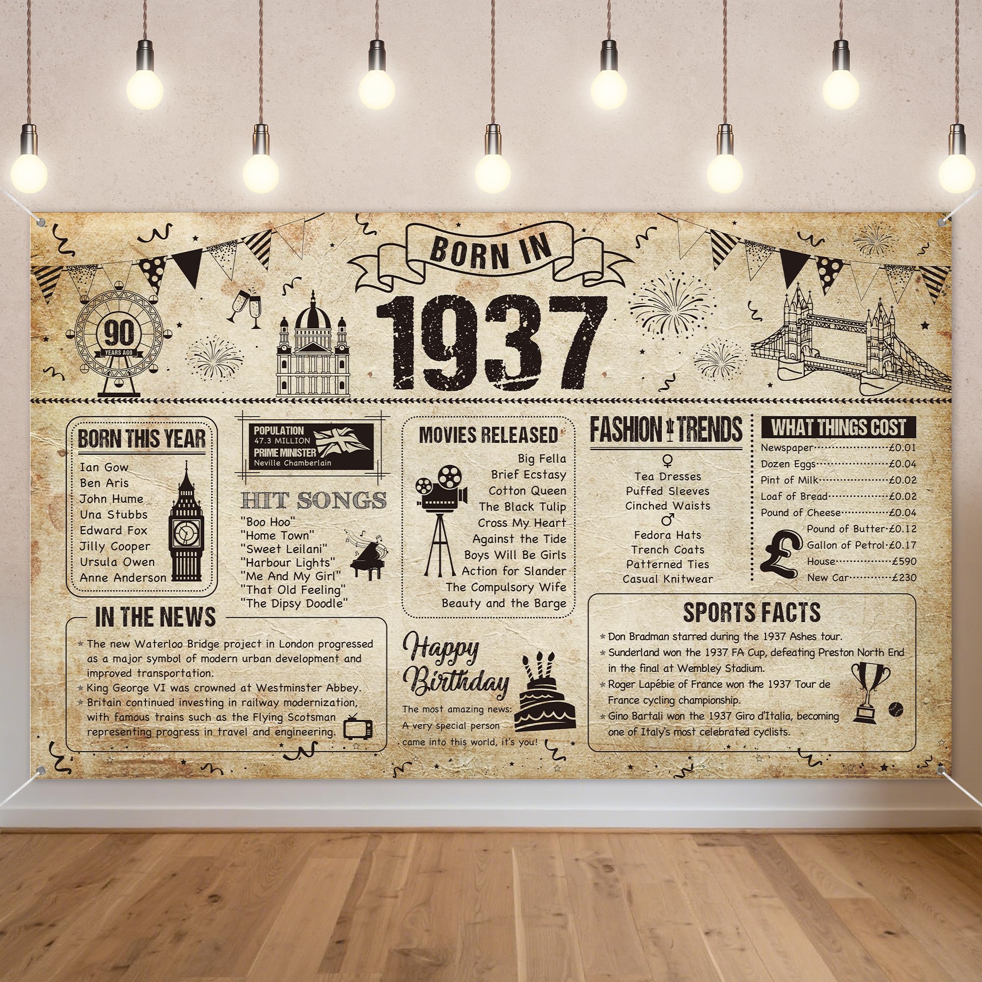 Benjia 90th Birthday Banner Decorations for Men Women, Born in 1937 UK Background Happy 90 Years Old Birthday Backdrop, Cheers to 90 Years Banners Vintage Poster Bday Gift Home Decor Party Supplies — image 1