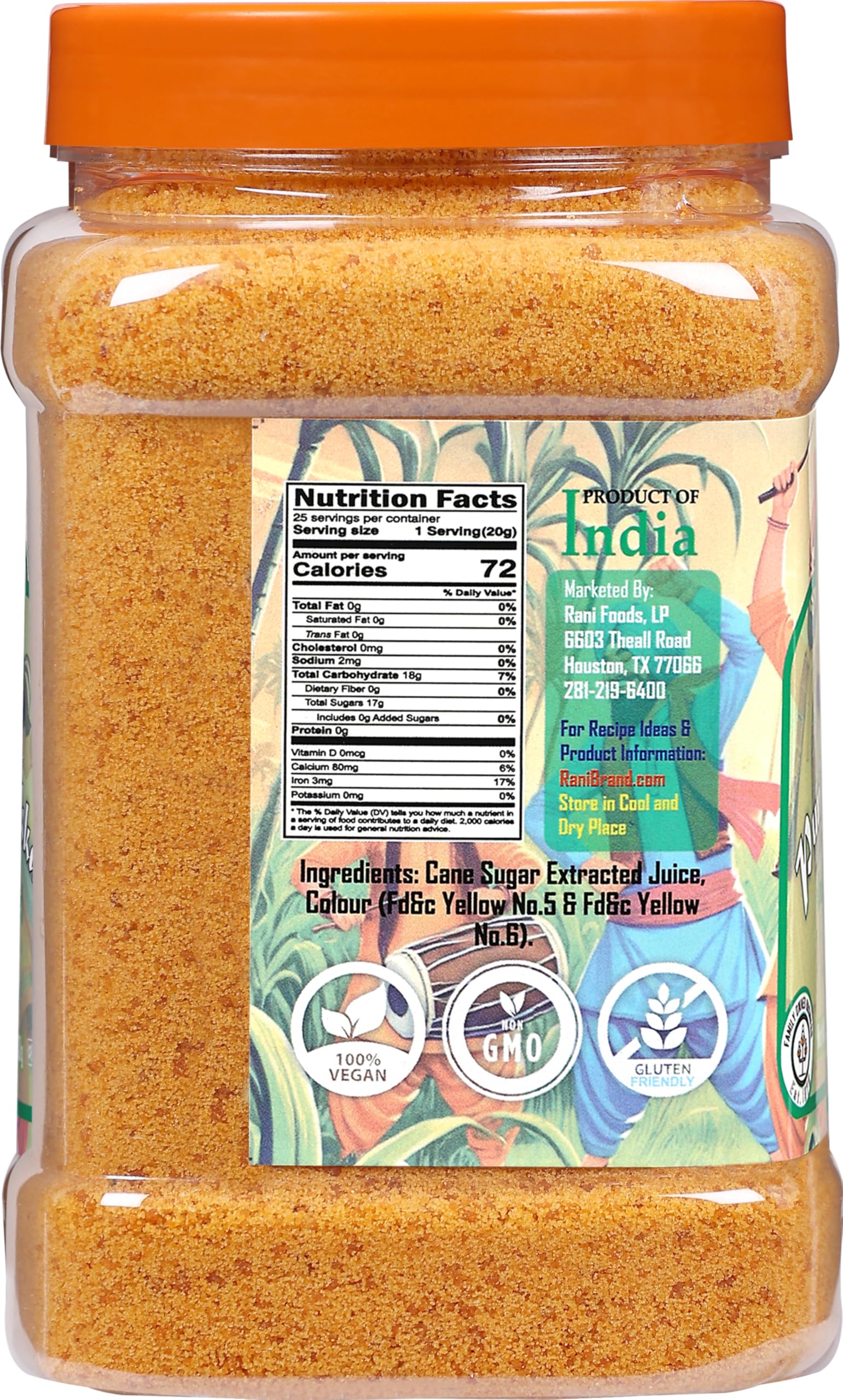 Rani Punjabi Shakkar (Polvere di Gur Jaggery) Zucchero di Canna Grezzo Indiano 17.5oz (1.1lbs) 500g Vaso in PET ~ Glutine Amichevole | Vegano | NON OGM | Senza Sale o Riempitivi | Prodotto Indiano