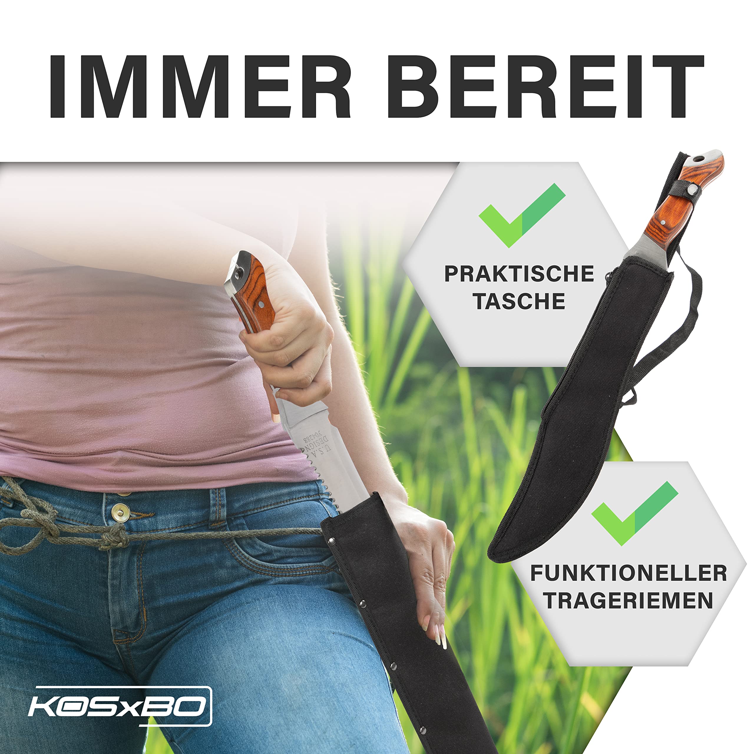 KOSxBO® große Machete mit Säge - Buschmesser - USA Crocodile Dundee Messser - 44,7cm lang - Survival - Freizeitmesser - Outdoor - Jagd - Macheten, braun Silber