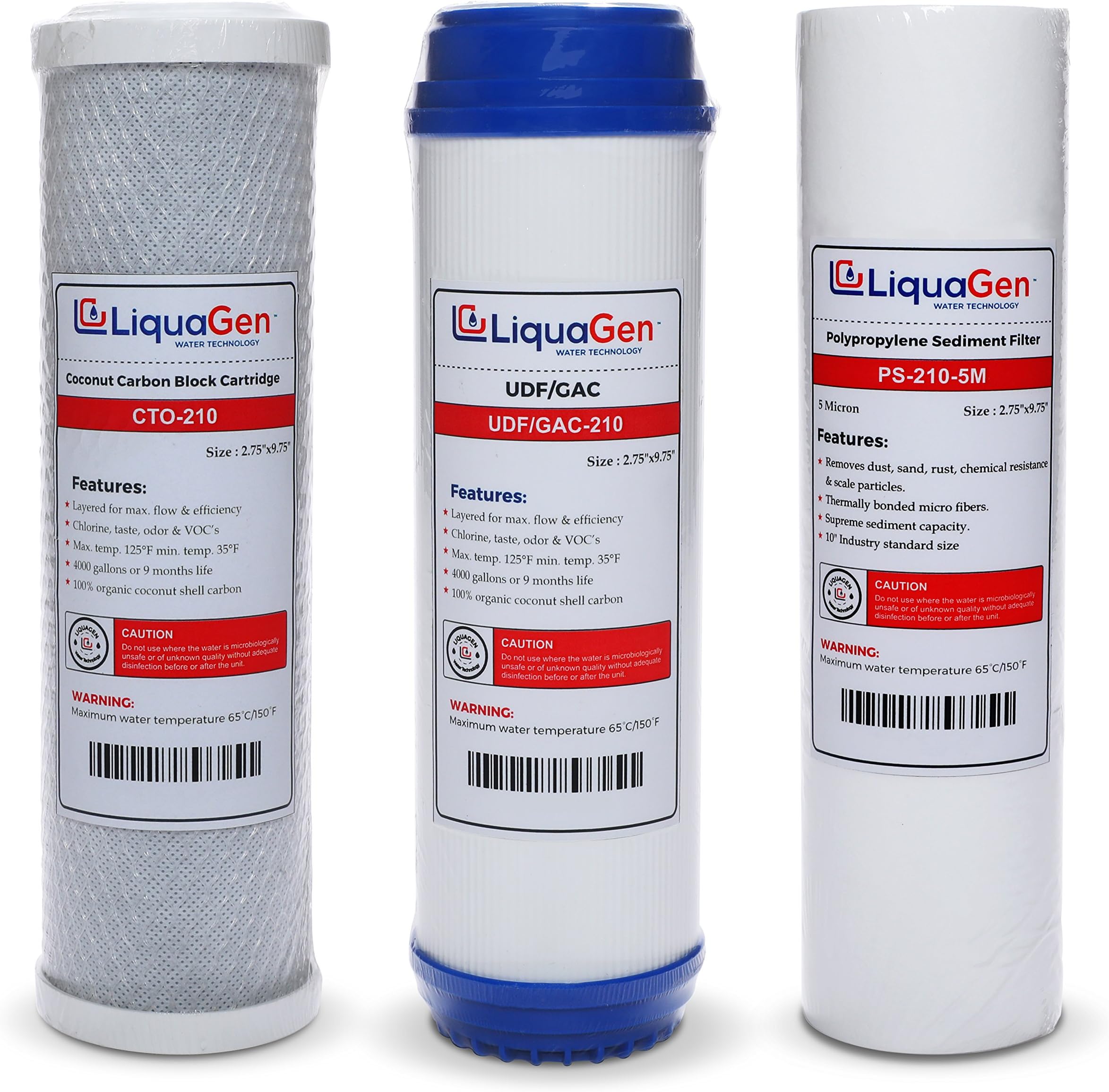 LiquaGen - Replacement Pre-Filter Set for Reverse Osmosis Water Filter Systems- 10" | 1 PP Sediment, 1 Carbon Block (CTO) & 1 Activated Charcoal (UDF) | Highly Compatible Ultrapure Water Purifier Kit