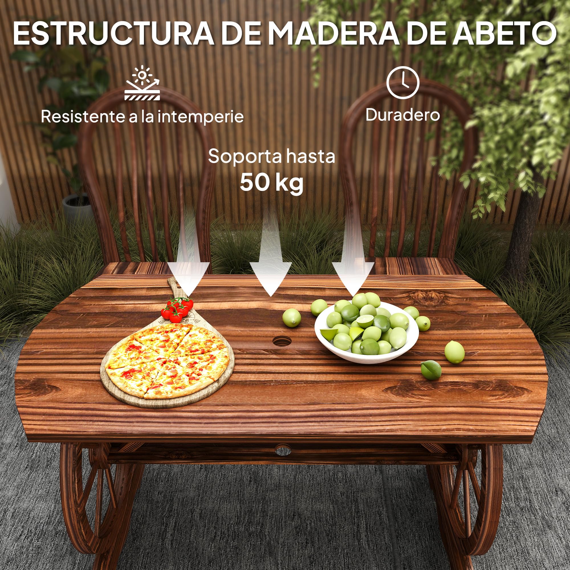 Outsunny Mesa de Jardín de Madera Mesa de Terraza Exterior 120x63x70 cm con Patas en Forma de Rueda Orificio para Sombrilla y Diseño de Listones Carga 50 kg para Patio Madera Carbonizada