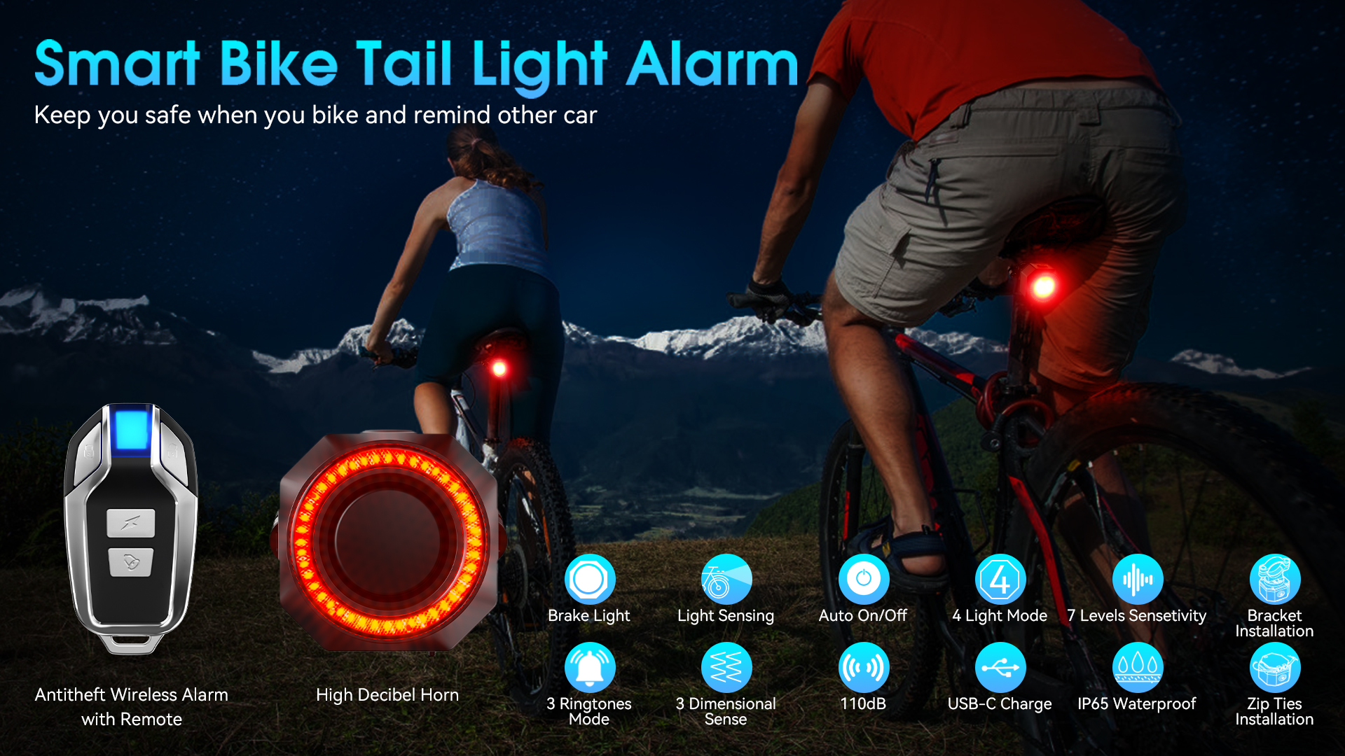 Feu Arrière Vélo Avec Alarme Antivol Sans Fil - LED - Noir - Étanche USB - Avec Télécommande - Neuf