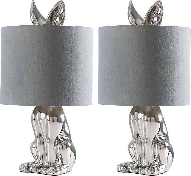 MiniSun Pair of Modern Chrome Ceramic Rabbit/Hare Table Lamps with a Grey Shade