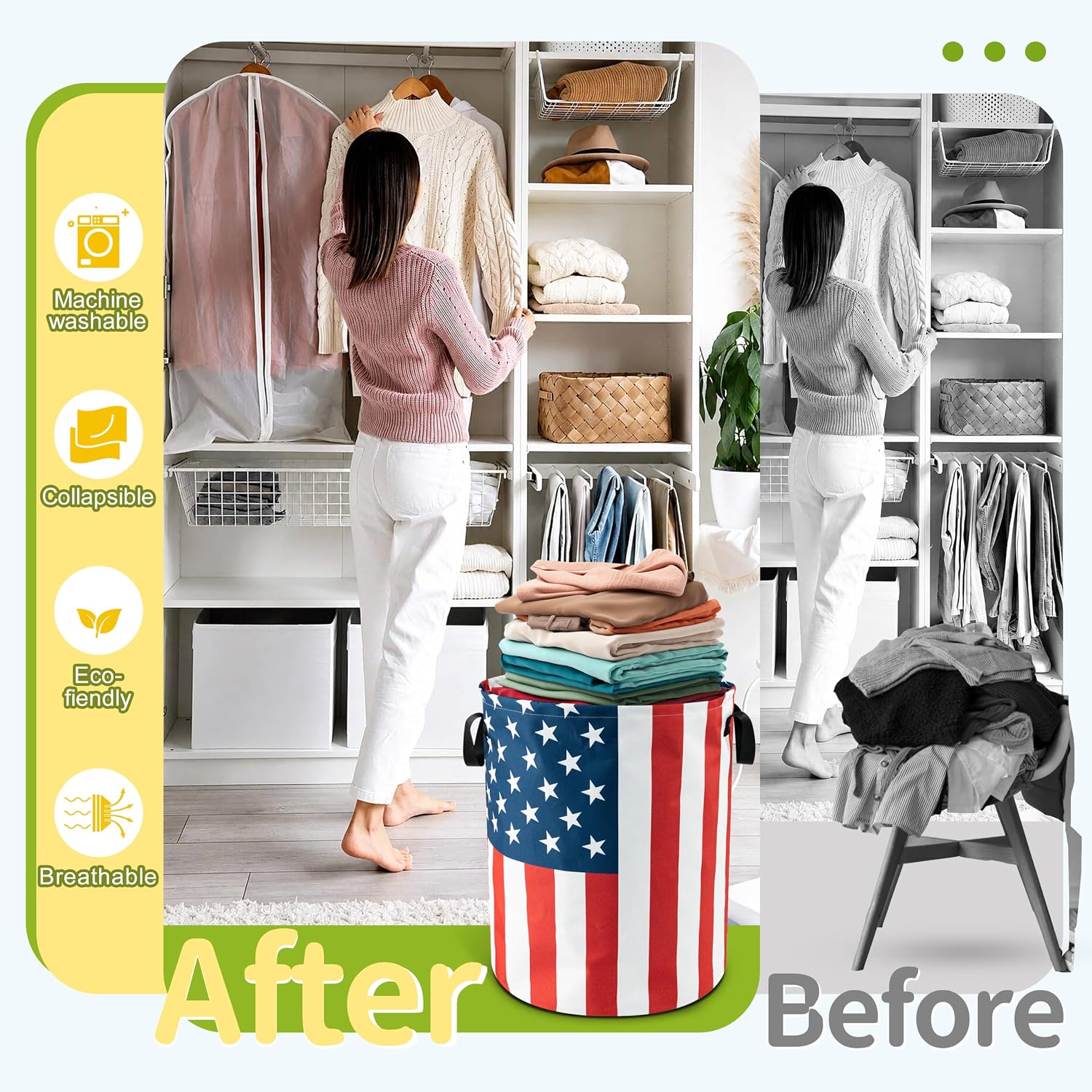 American Flag Laundry Basket Foldable Waterproof Hamper 18.9 x 16.5 Inch image 5