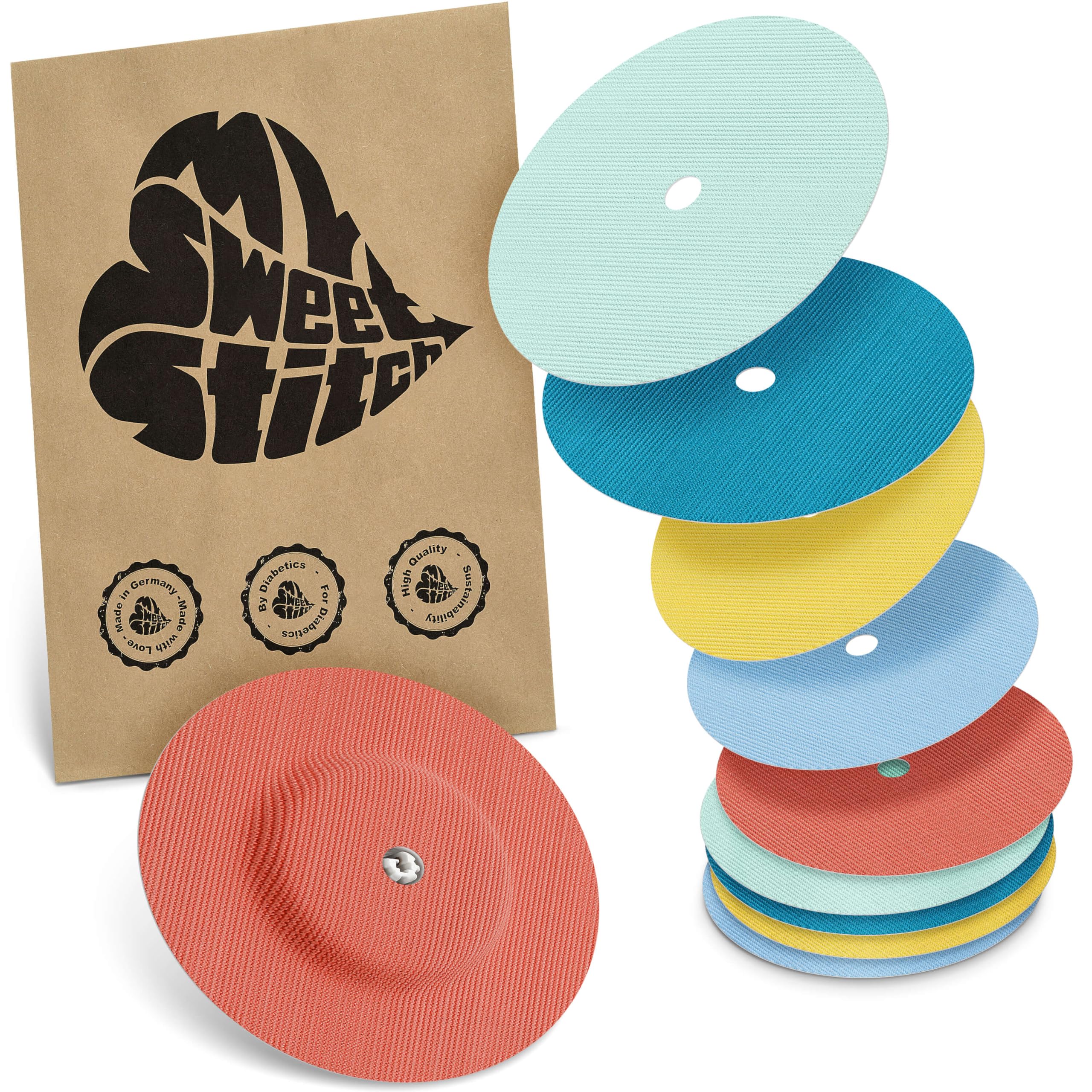MySweetStitch, 10 x Freestyle Libre 1 & 2 Round Patches with Ventilation Hole, Overpatch diameter 65mm, Waterproof