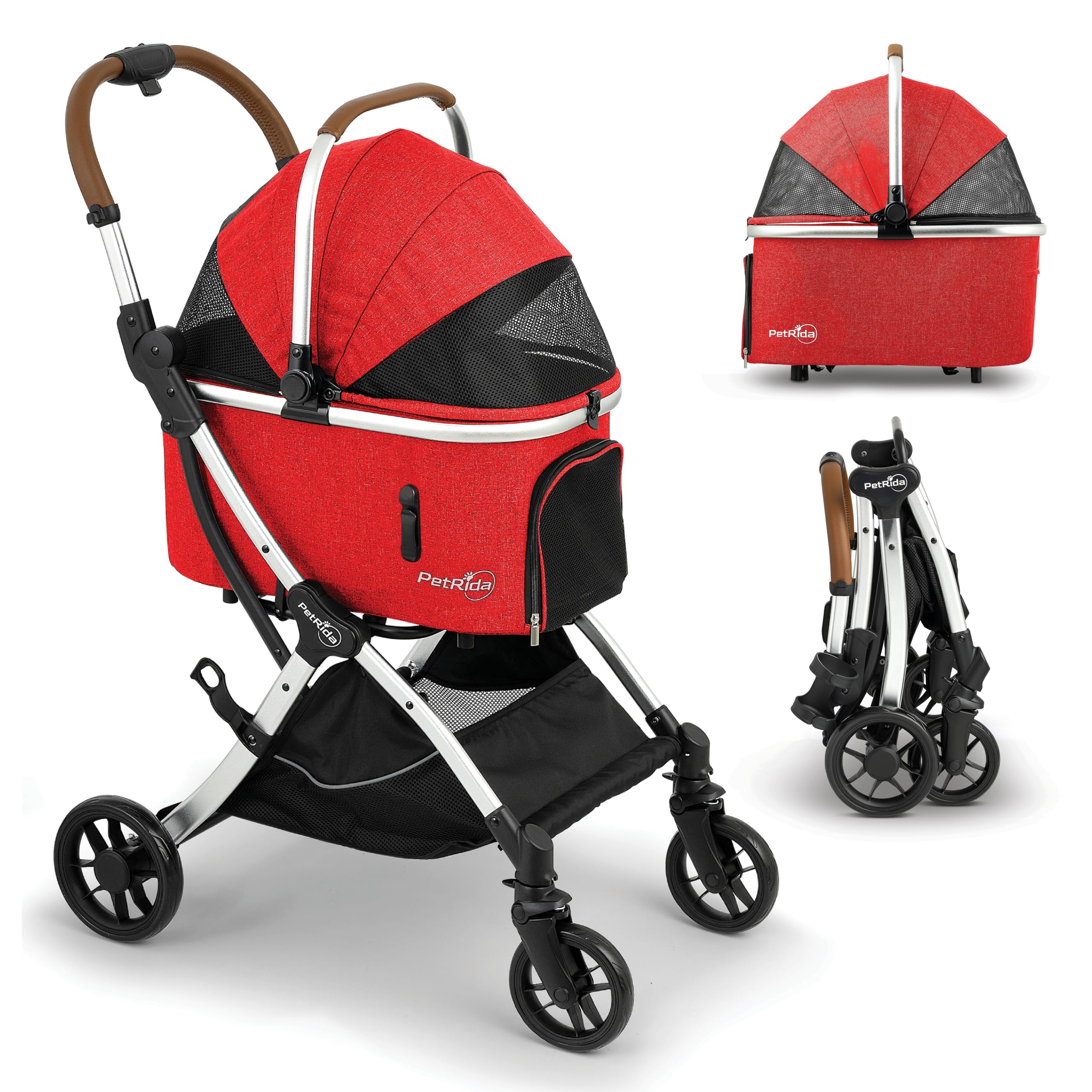 PetRida Dog Stroller with Detachable Carrier for Small Dogs & Cats, Red | Lightweight Aluminum Pet Stroller | One-Hand Fold | Holds 25 lb Max | Storage Basket