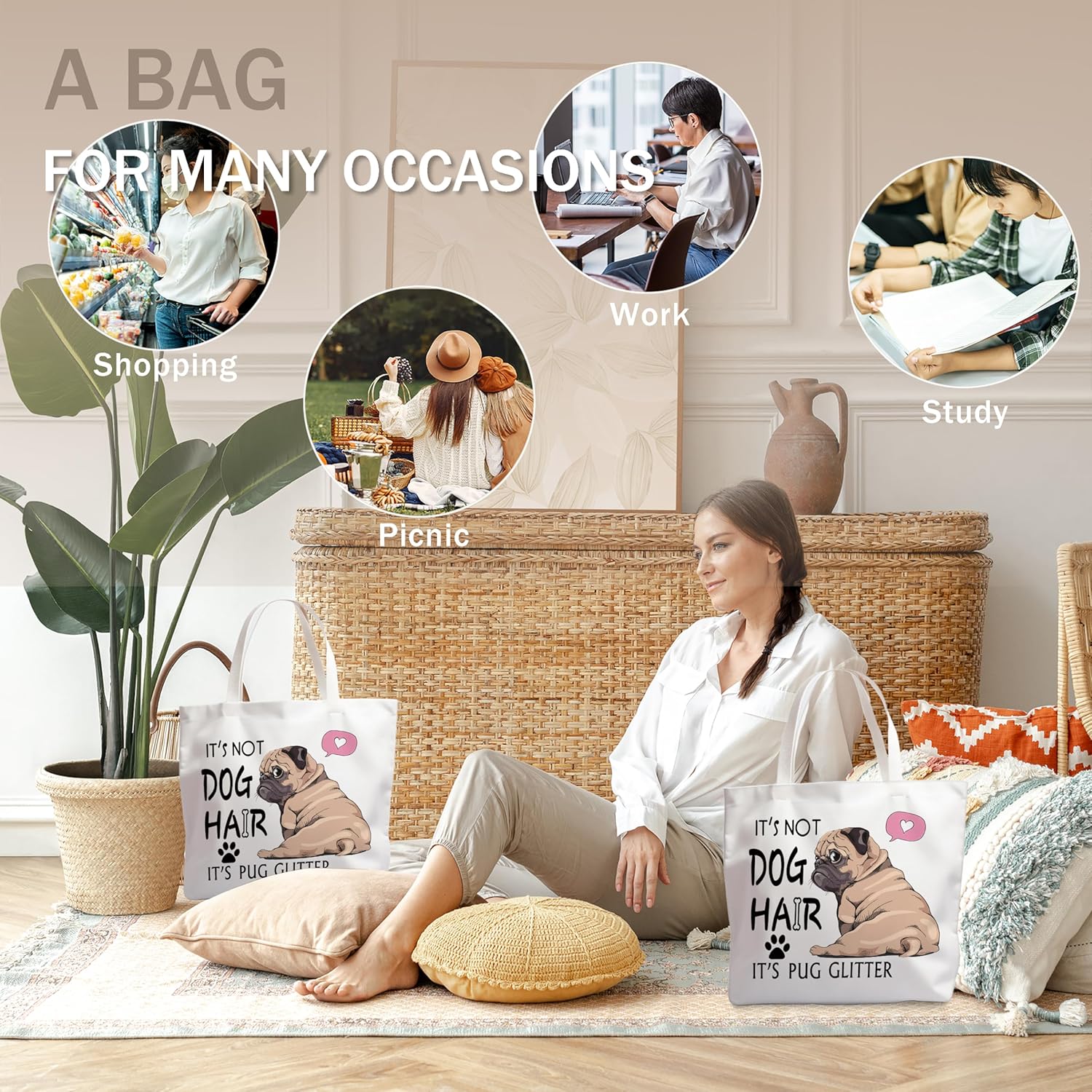 Pug Gifts Canvas Tote Bag for Dog Lovers Owner Mom Women, It's Not Dog Hair It's Pug Glitter Grocery Bag, Funny Aesthetic Reusable Tote Bags for Shopping Camping - Image 5