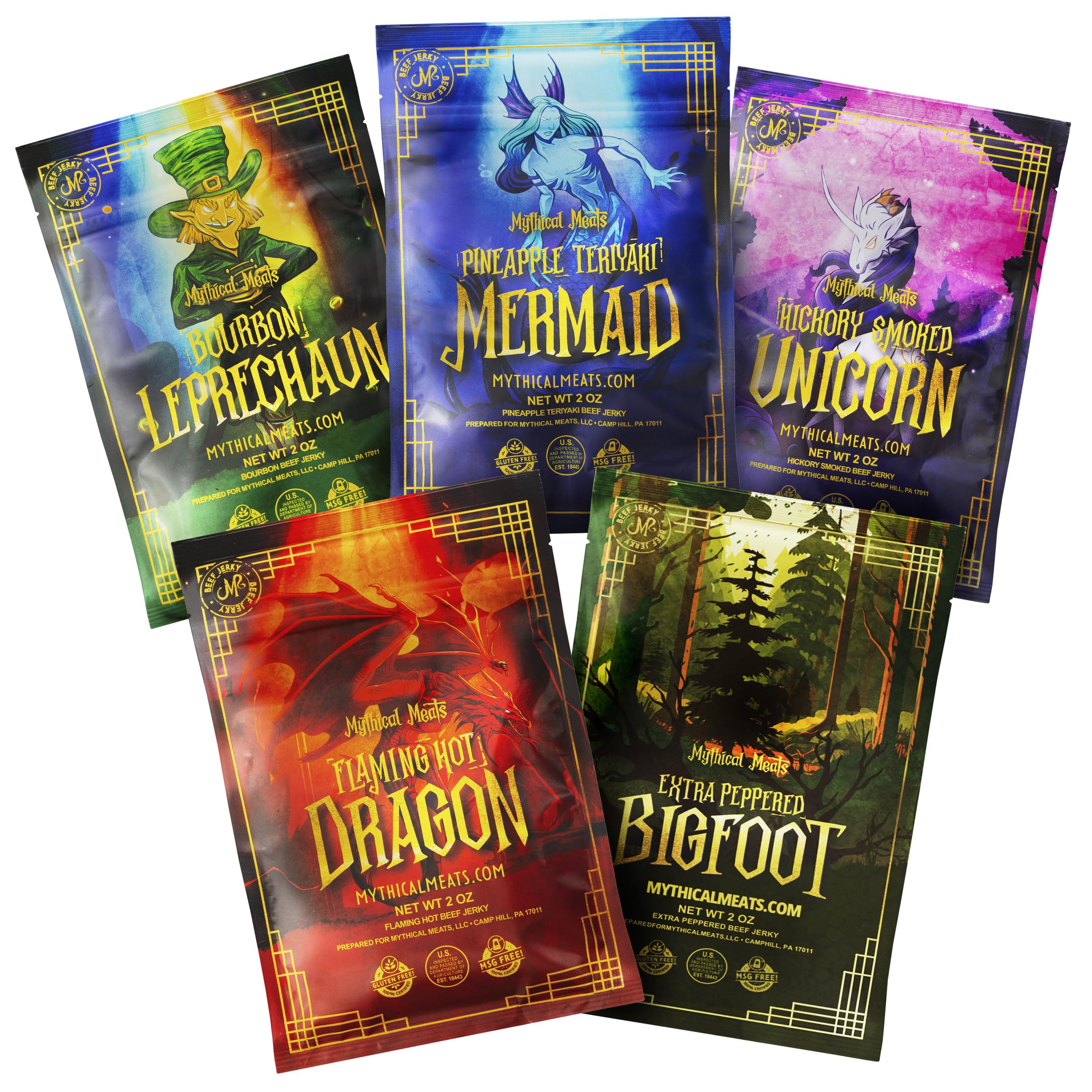 Mythical Meats Exotic Beef Jerky Sampler Pack - 5 Unique Flavors, 2 Oz Snack Bags of Hand-Cut Premium Jerky, MSG Free