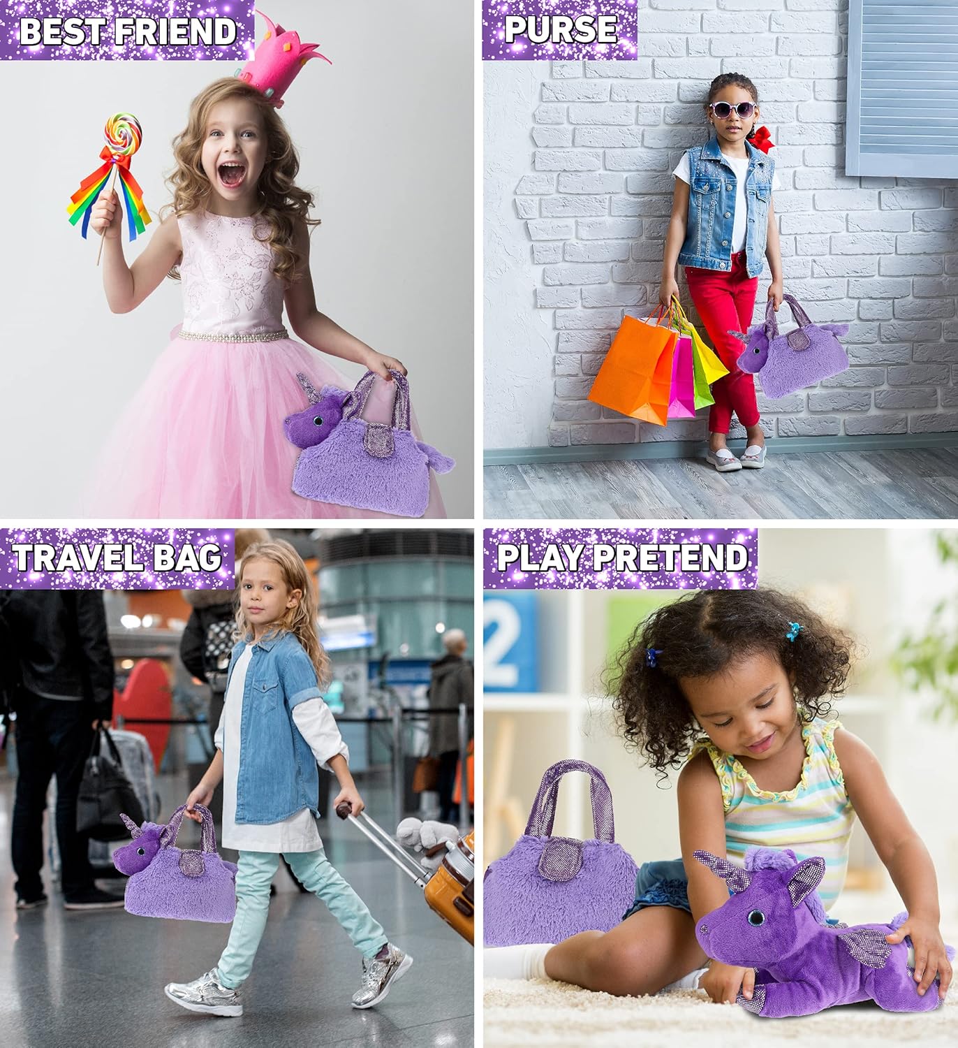 DolliBu Purple Unicorn Plush Purse Pet Carrier - Cute Stuffed Animal Pet Purse for Girls, Removable Sparkly Unicorn in Plush Carrier for Dress Up and Pretend Play