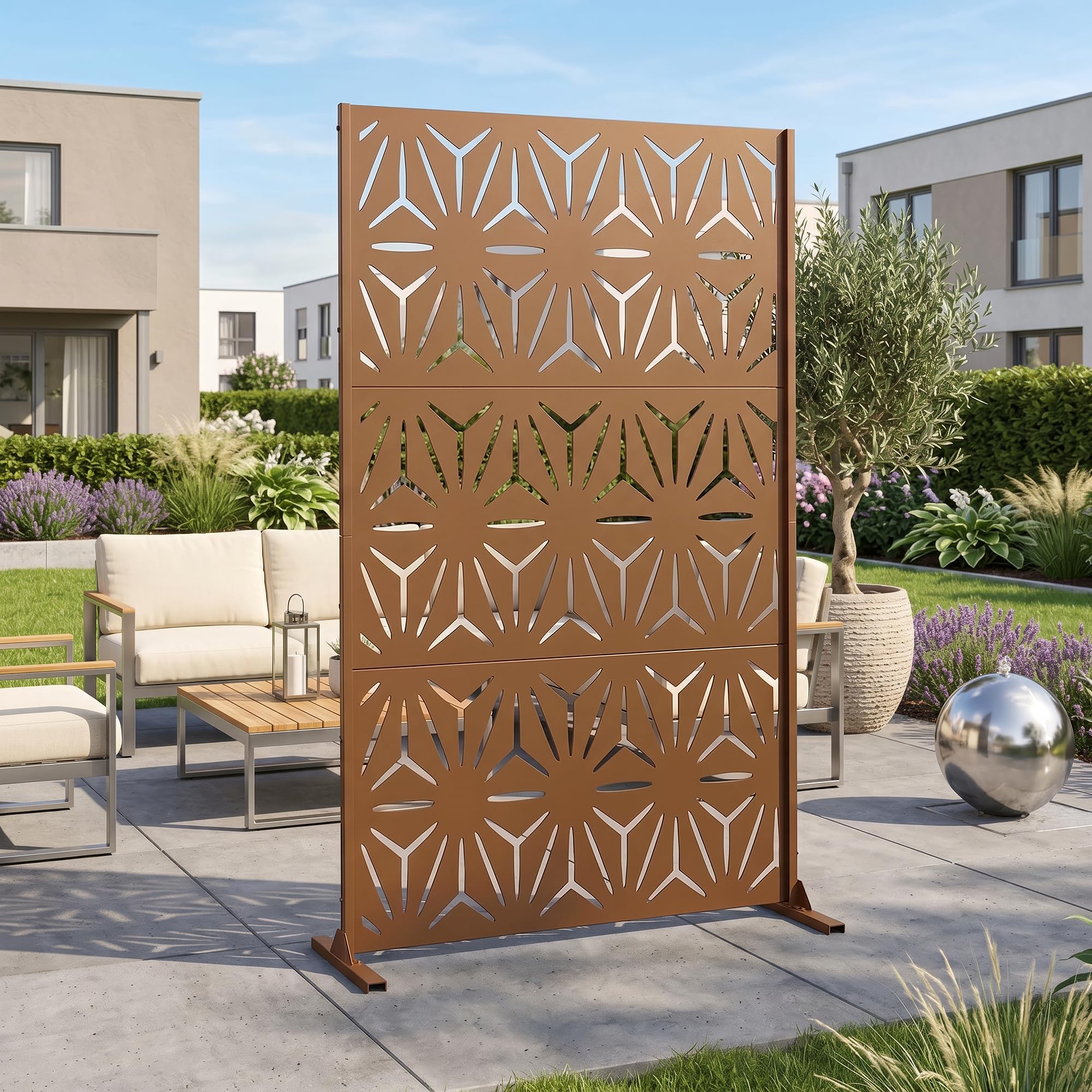 casa.pro Pannello Divisorio Decorativo in Acciaio Zincato 180x120 cm Frangivista a Motivo Raggi Floreale Separé Paravento per Giardino Balcone Soggiorno - Marrone