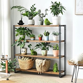 Bookshelf,4-Tier Industrial Bookcase,Rustic Wood and Metal Open Display Book Shelves Home Office,Bedroom Standing Shelf Unit,Horizontal Kitchen Shelf Organizer,Bathroom Storage Rack Mid Century 47in