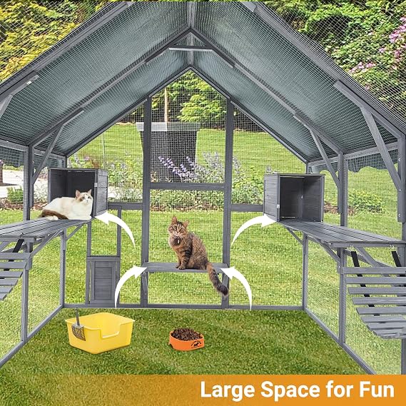 Extra Large Cat Enclosure,110 Inch Large Catio with Waterproof Roof, Pet Habitat for 57 FT2 Space, Outdoor Pet House with 7 Platforms,2 Resting Box and 2 Bridges, for Kitty, Rabbit, Poultry Use