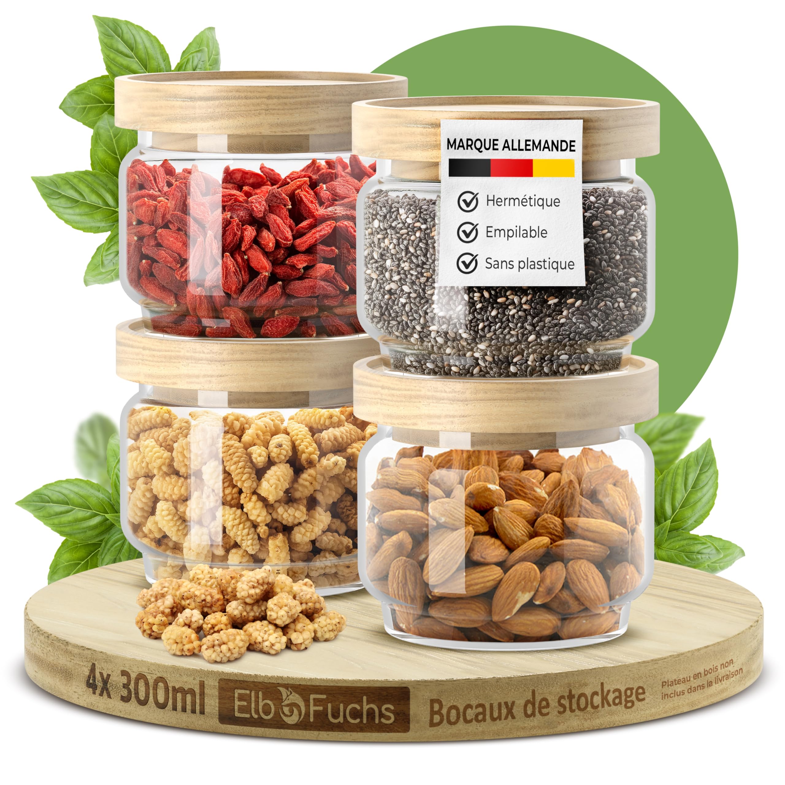 ElbFuchs® Bocaux en verre hermétiques 4x 300 ml | Sans BPA & anti-mites – Pots de conservation avec couvercle en bois | Noix, épices, thé & snacks