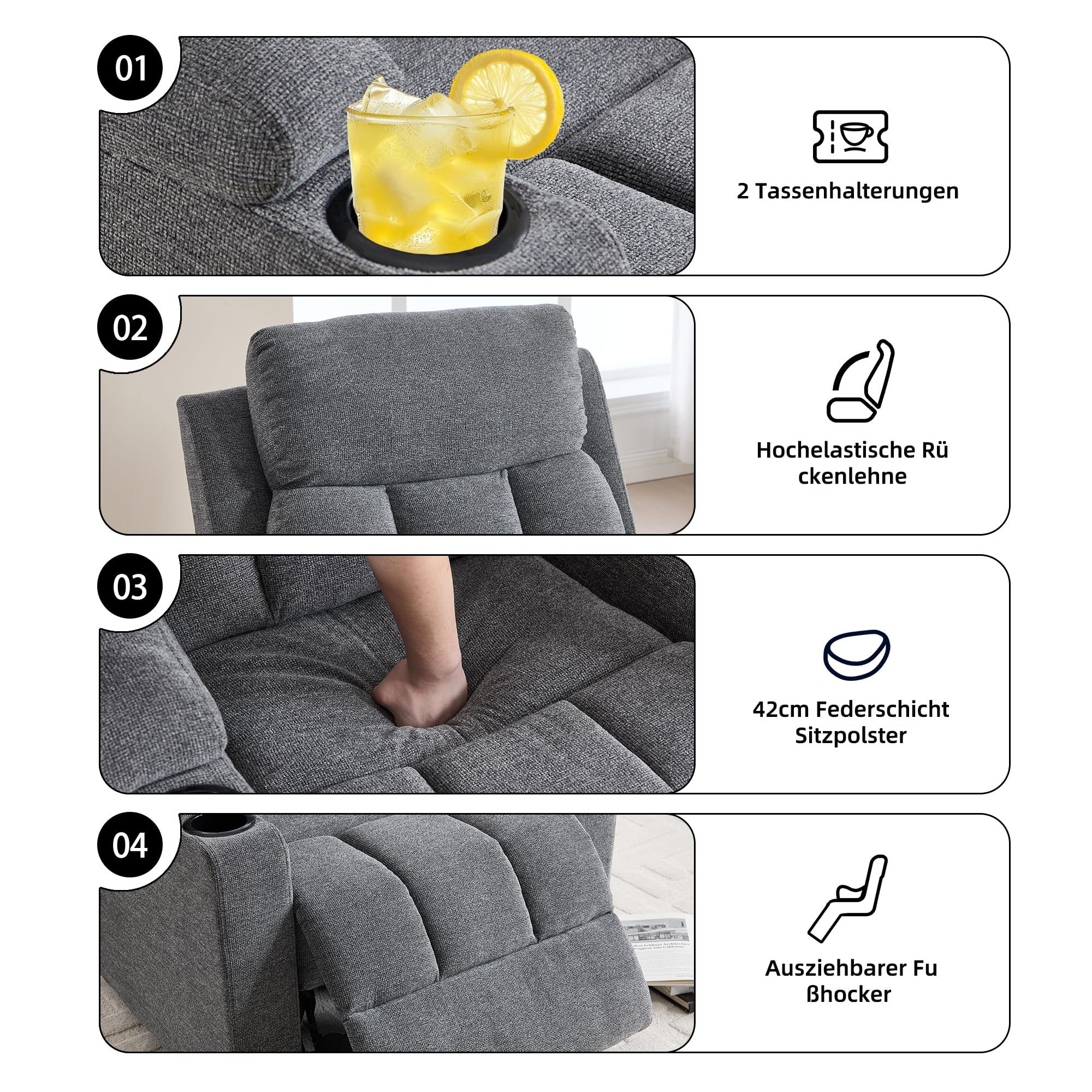 Simore Sillón de Relax Manual con función reclinable y Soporte para Bebidas | sillón de televisión con reposapiés y reposacabezas suave, soporta hasta 150 kg, sillón de TV para salón, color gris