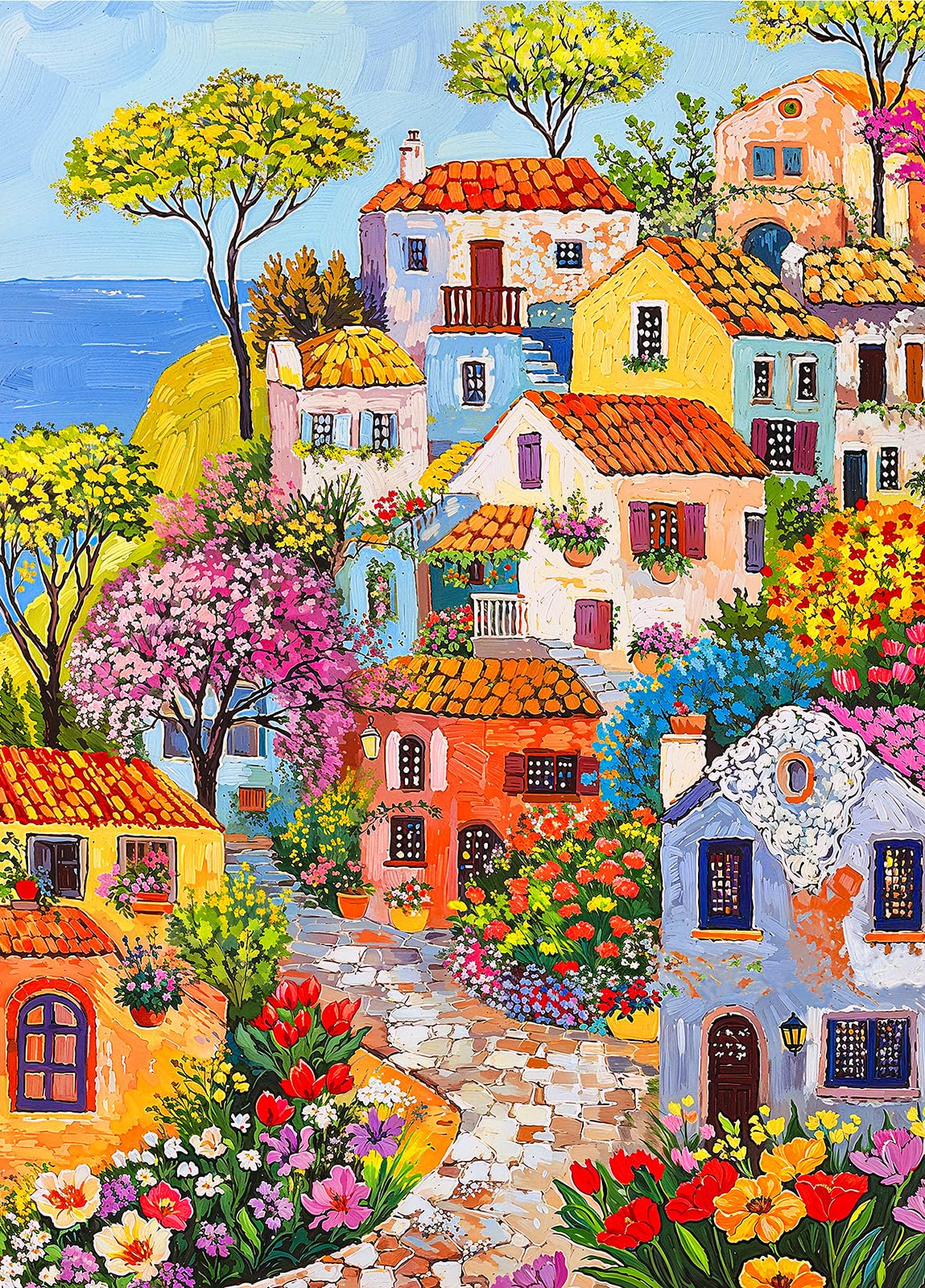 Picturesque Fishing Village Jigsaw Puzzles for Adults 1000 Jigsaws Cheerful Mediterranean Landscape 1000 Piece Jigsaw Puzzles for Adults