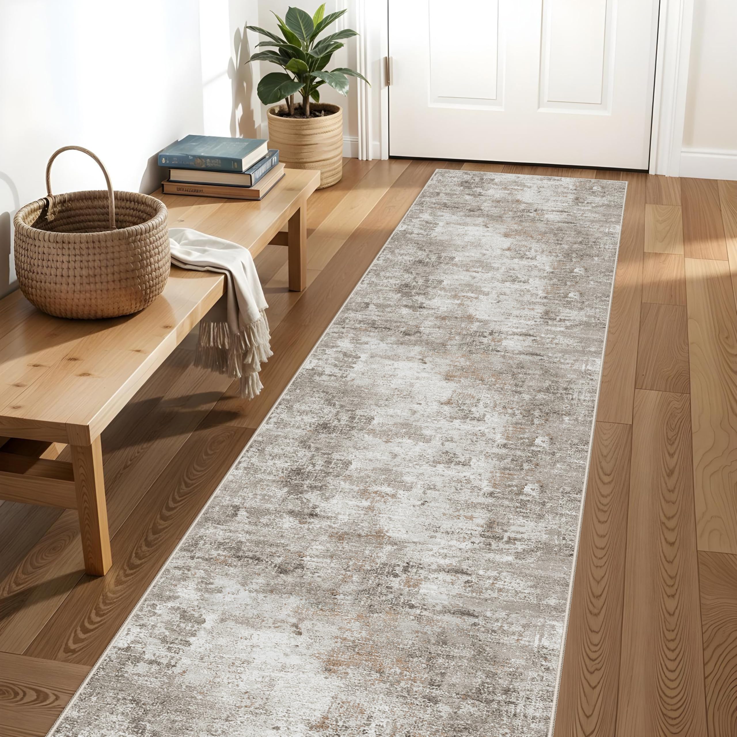 2x10 Ft Long Runner Rug for Hallway and Kitchen – Non-Slip Washable Floor Runner for Indoor Entryway, Bedroom, Living Room,Modern Abstract Low-Pile Thin Carpet （Beige Grey） — image 1