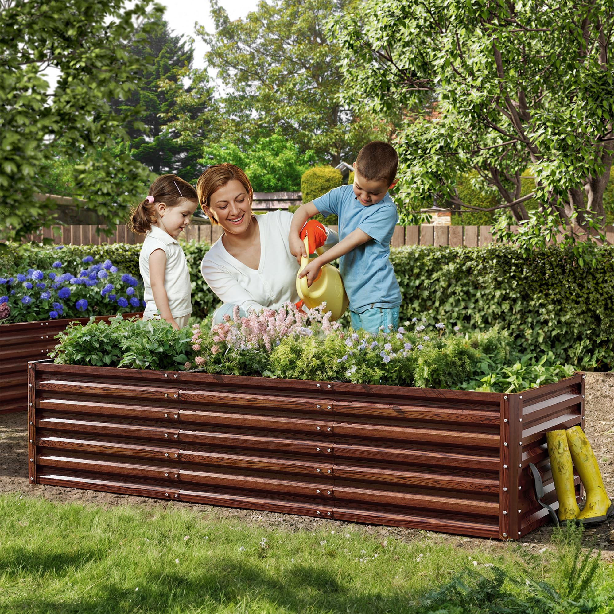 Amopatio Jardinière surélevée en Acier Galvanisé, Potager Extérieur/Balcon, Bac à Semis 1300L, 240 x 90 x 60 cm, Résistant aux Intempéries pour légumes, Fleurs, Acajou