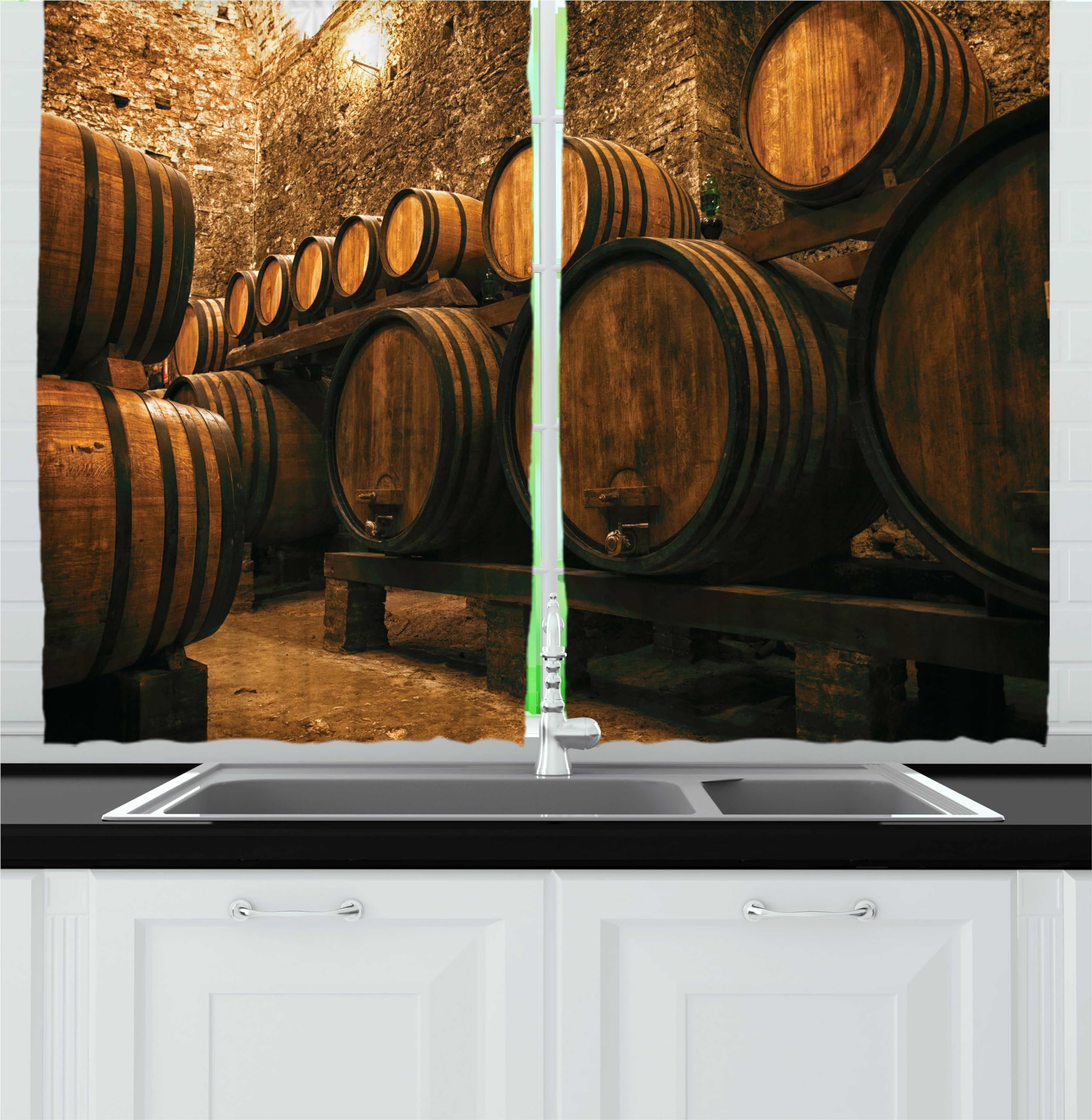 Ambesonne Winery Kitchen Curtains, Barrels for Storage of Wine Italy Oak Container in Cold Dark Underground Cellar, Window Drapes 2 Panel Set for Kitchen Cafe Decor, 55