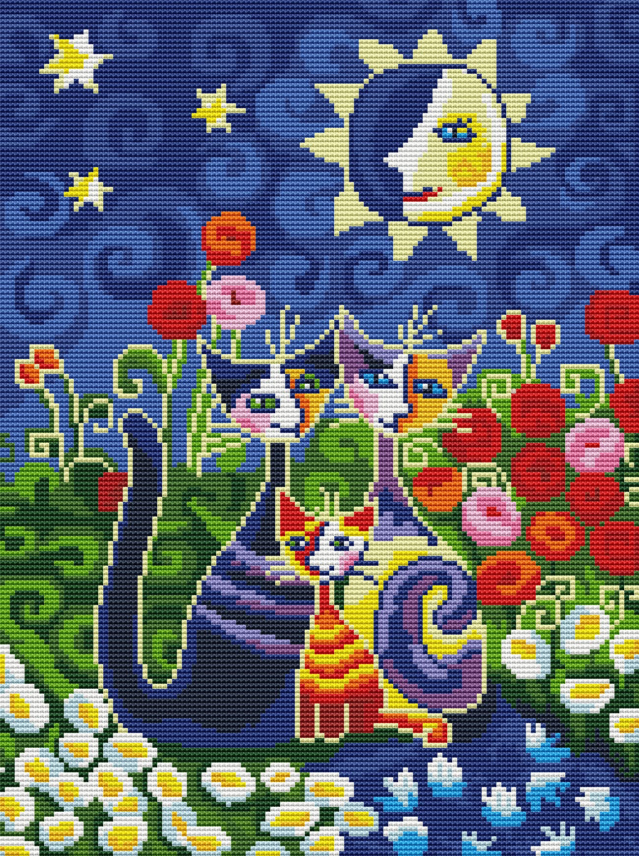 OWN4B クロスステッチ刺繍キット図案印刷、11ct 猫と花 初心者向けの簡単な刺繍セット36x46cm Cross Stitch