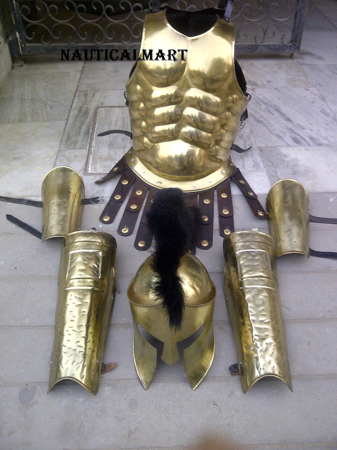 Muscle Armor Breastplate with Greek Spartan Helmet and Leg or Arm Guard - Brass