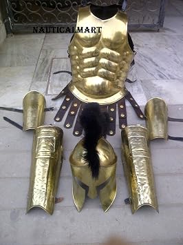 Muscle Armor Breastplate with Greek Spartan Helmet and Leg or Arm Guard - Brass