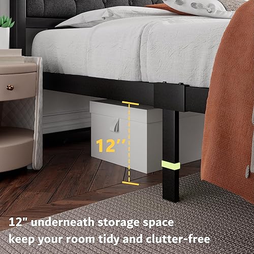 Miniatura 2 de iPormis Base de cama de metal de tamaño individual con cabecera tapizada de lino, marco de cama de plataforma curvada, soporte de listones de acero