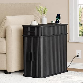 Fluted End Table with Charging Station, Narrow Side Table with Drawers, Skinny Nightstand with Storage, Mid-Century Modern Bedside Tables for Small Space Living Room Sofa Couch, Patent Pending