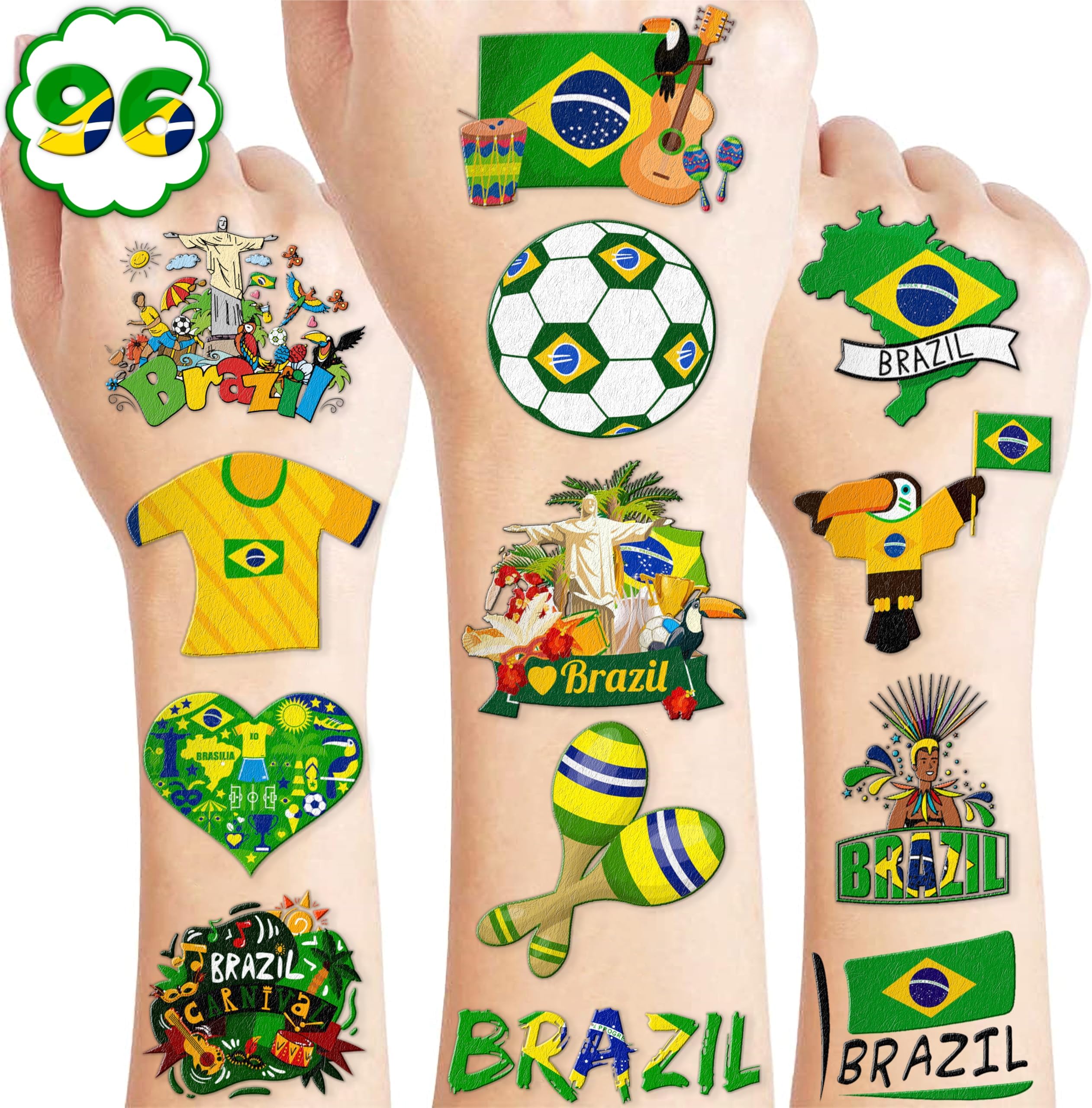 - 96 PCS Brazil Brazilian Pre-Cut Temporary Tattoos Themed Birthday Party Supplies Favors Decorations Décor Soccer Carnival Tattoo Stickers Gifts For Boys Girls Class School Prizes Carnival Cartoon