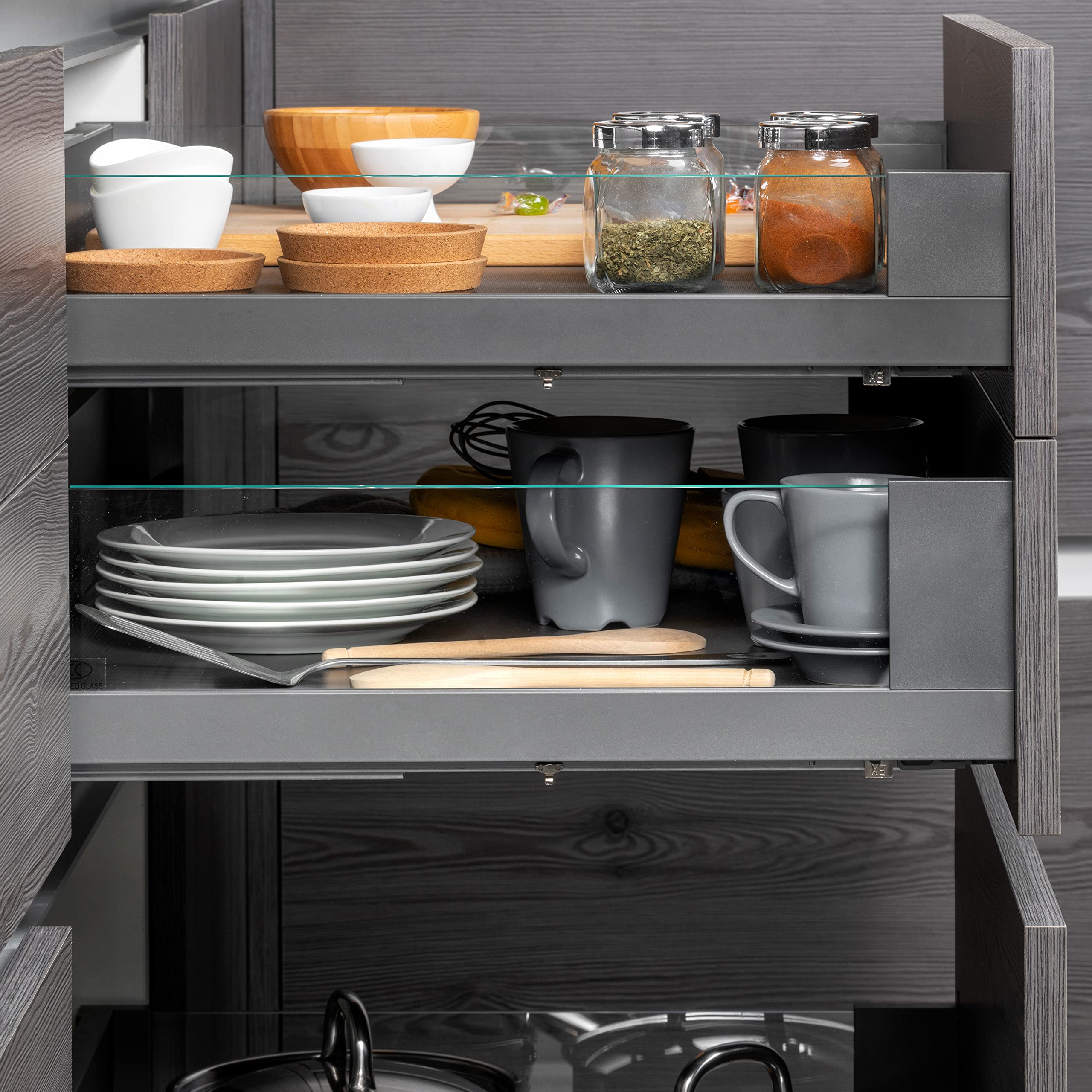 Emuca - Tiroir extérieur Vertex 40 kg hauteur 93 mm avec côtés en verre, 450 mm, Gris anthracite, Acier et Aluminium et Verre, 1 kit