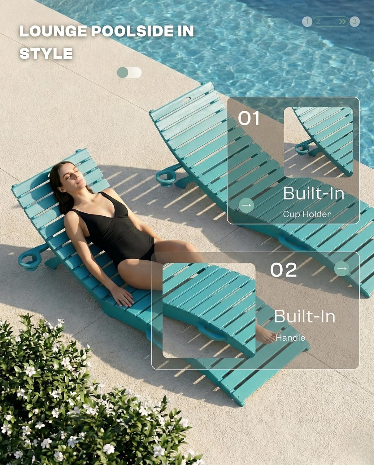 Pre-Assembled Folding in-Pool Lounge Chairs Set of 2, Portable HDPE Outdoor Chaise Lounge with Cup Holder, Anti-Floating Lounge Chairs for Poolside, Beach, Sun Deck (Aruba Blue)