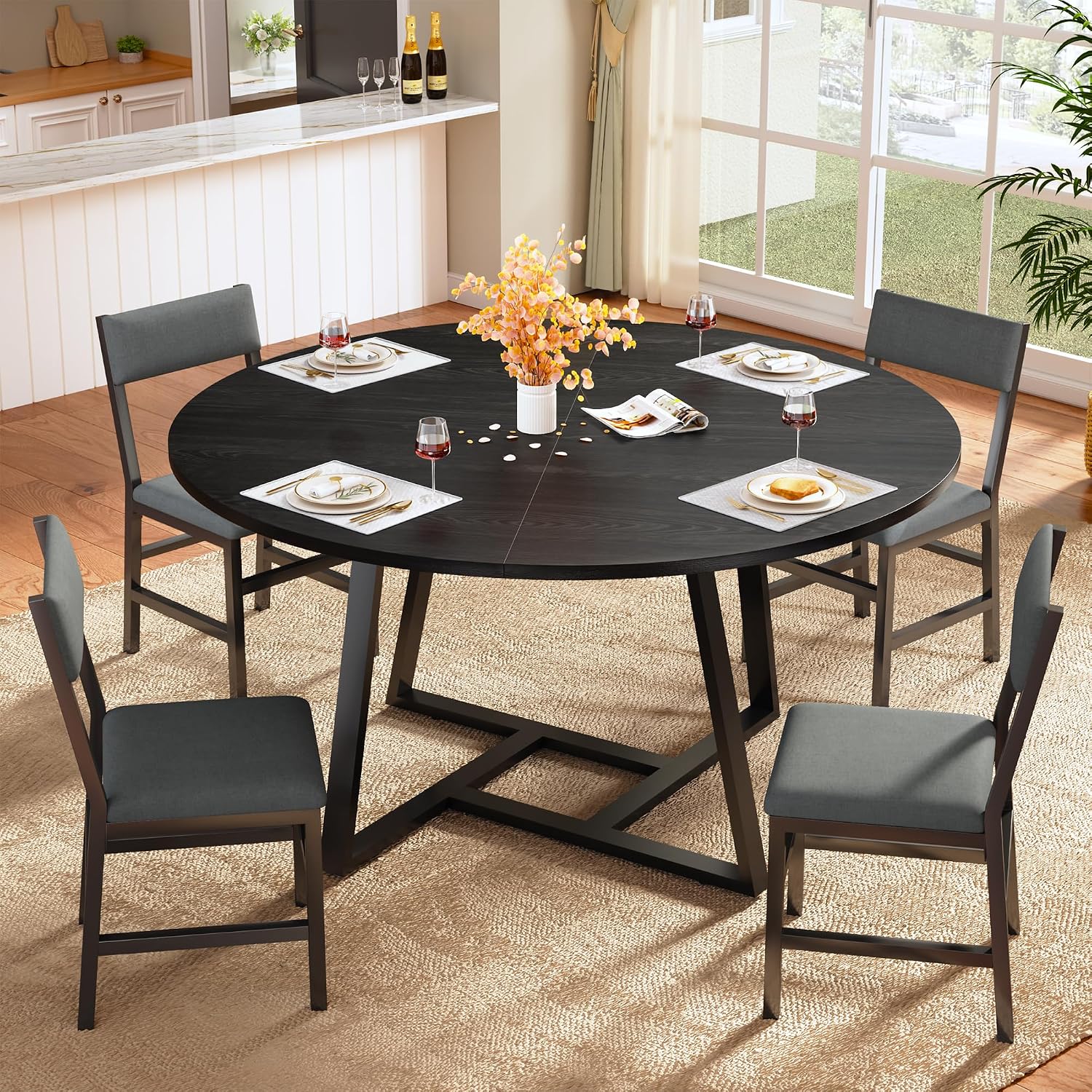 HUAHUU Dining Table Set for 2-4, Extendable Kitchen Table Chairs Set of 4, Rectangle Dining Table with Metal Frame & MDF Board, Compact Kitchen Table and 4 Stools for Small Space, Rustic