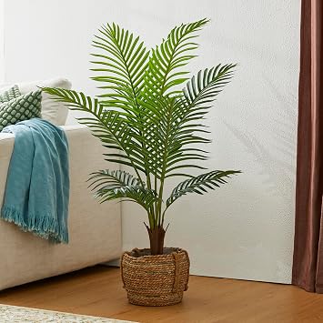 Glitzhome Artificial Areca Palm Tree - 3.6FT Faux Tropical Palm Plant with 4 Trunks, Fake House Floor Plant in Pot for Living Room Kitchen Office Decoration