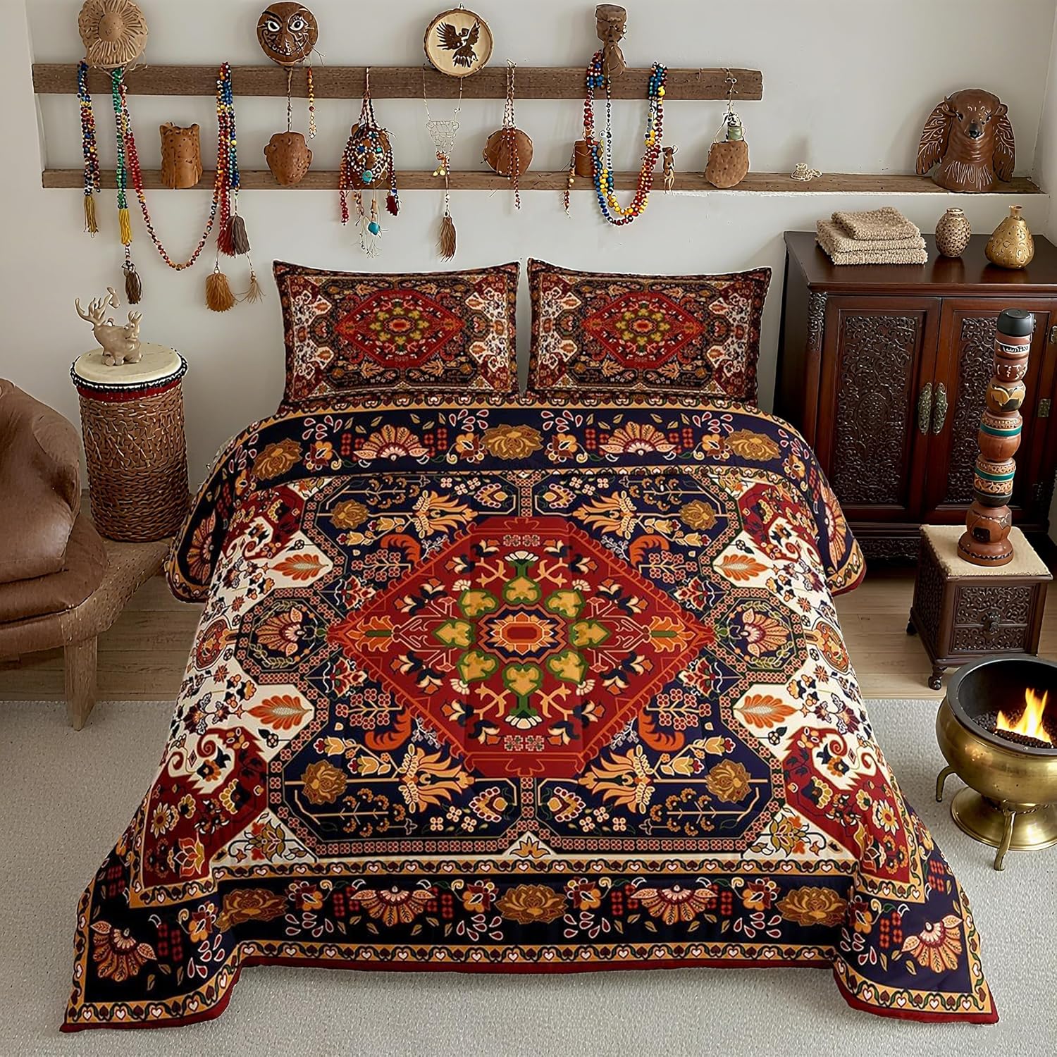 Boho Floral Comforter Set Queen Size,Vintage Geometric Flowers Pattern Bedding Set 3pcs for Adult Woman Room Decor,Aztec Tribal Colorful Quilt Set Exotic Retro Duvet Insert,2 Pillowcases,Brown