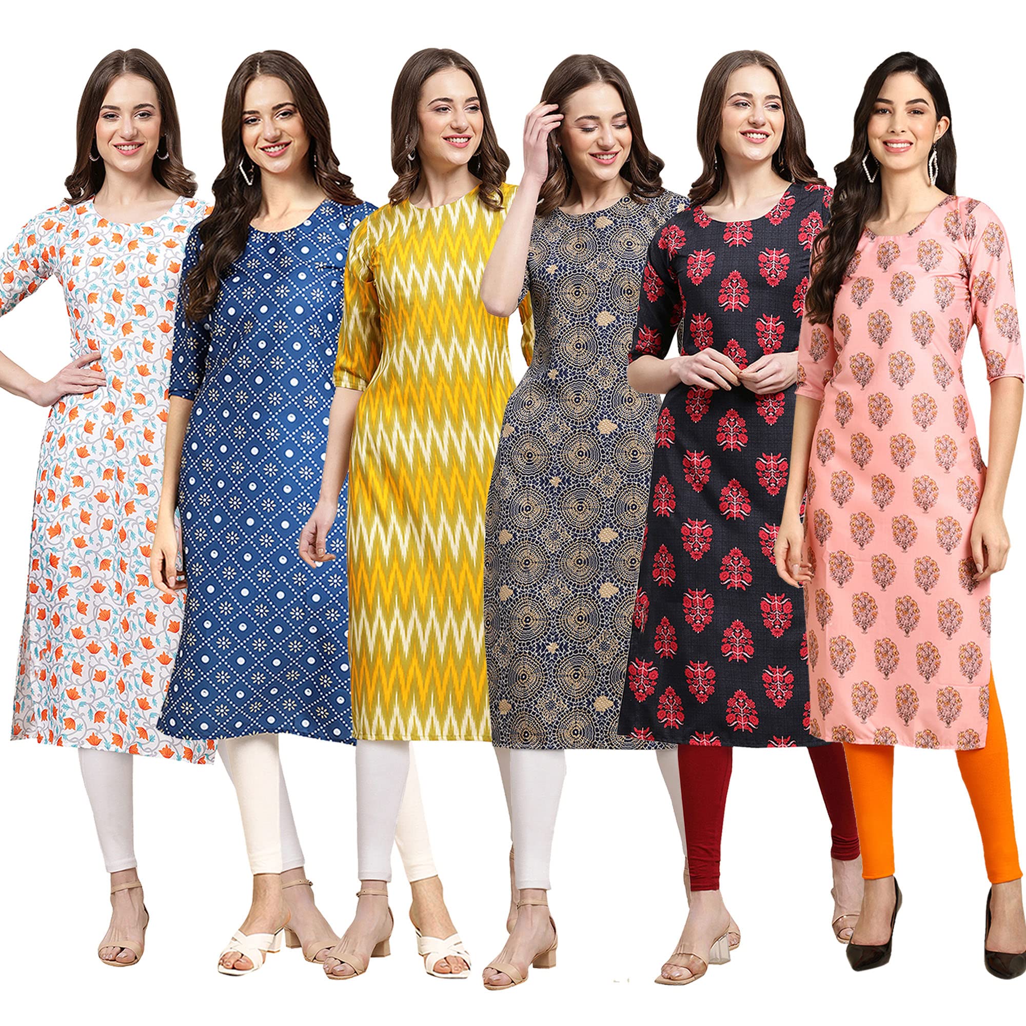 Pinkmint Women's Crepe Digital Print Straight Kurta Pack Of 6 [Cr-334-353-329-341-345-368-Xl]