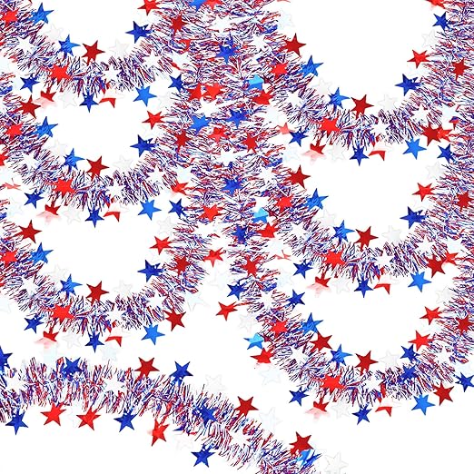 3 Pack 50FT 4th of July Patriotic Tinsel Garland Decoration, Red, White and Blue Tinsel with Star Metallic Glitter Hanging Garland for Memorial Day, Independence Day Indoor and Outdoor Decor